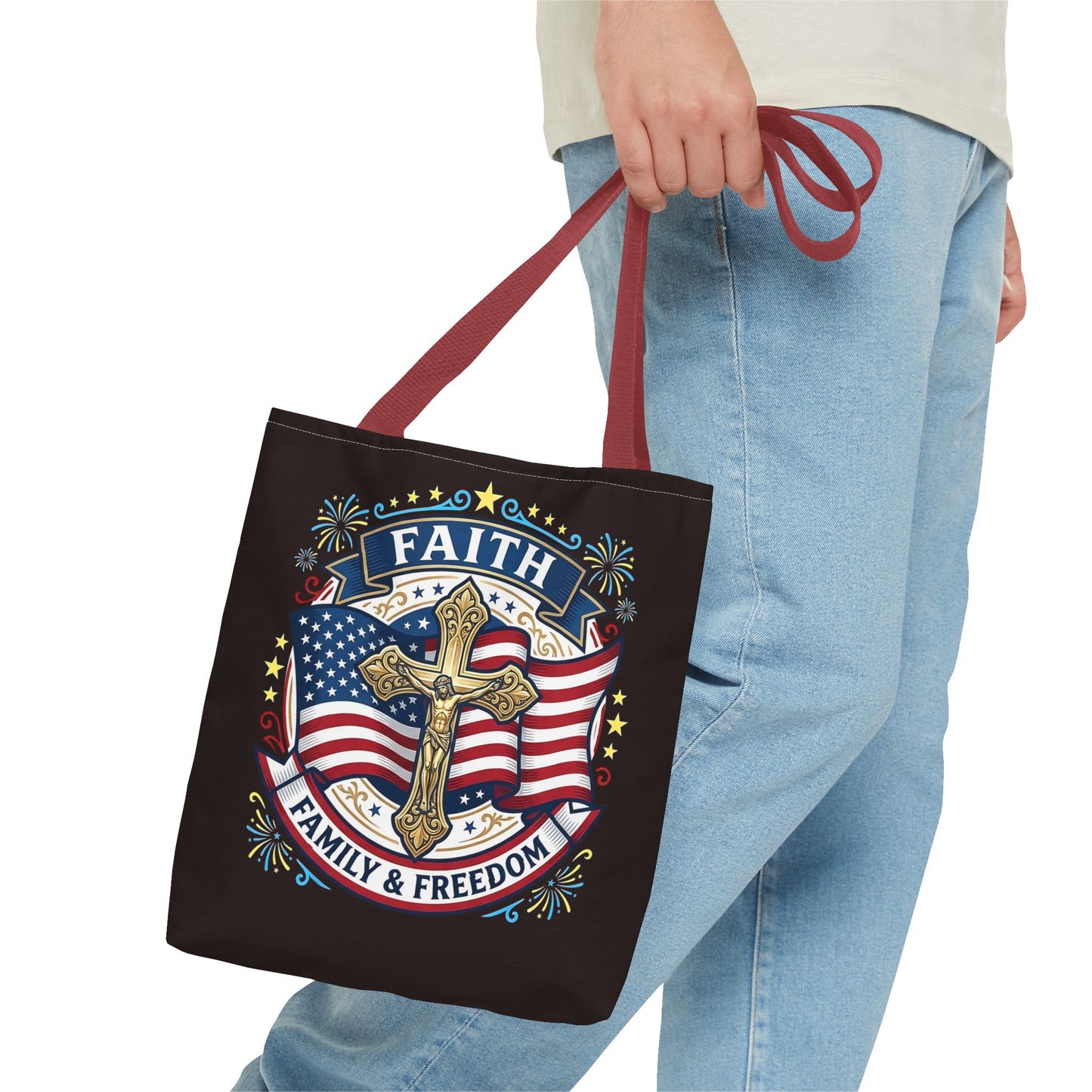Faith, Family & Freedom Cross Bag — Patriotic American Flag Canvas Tote (USA 250th)