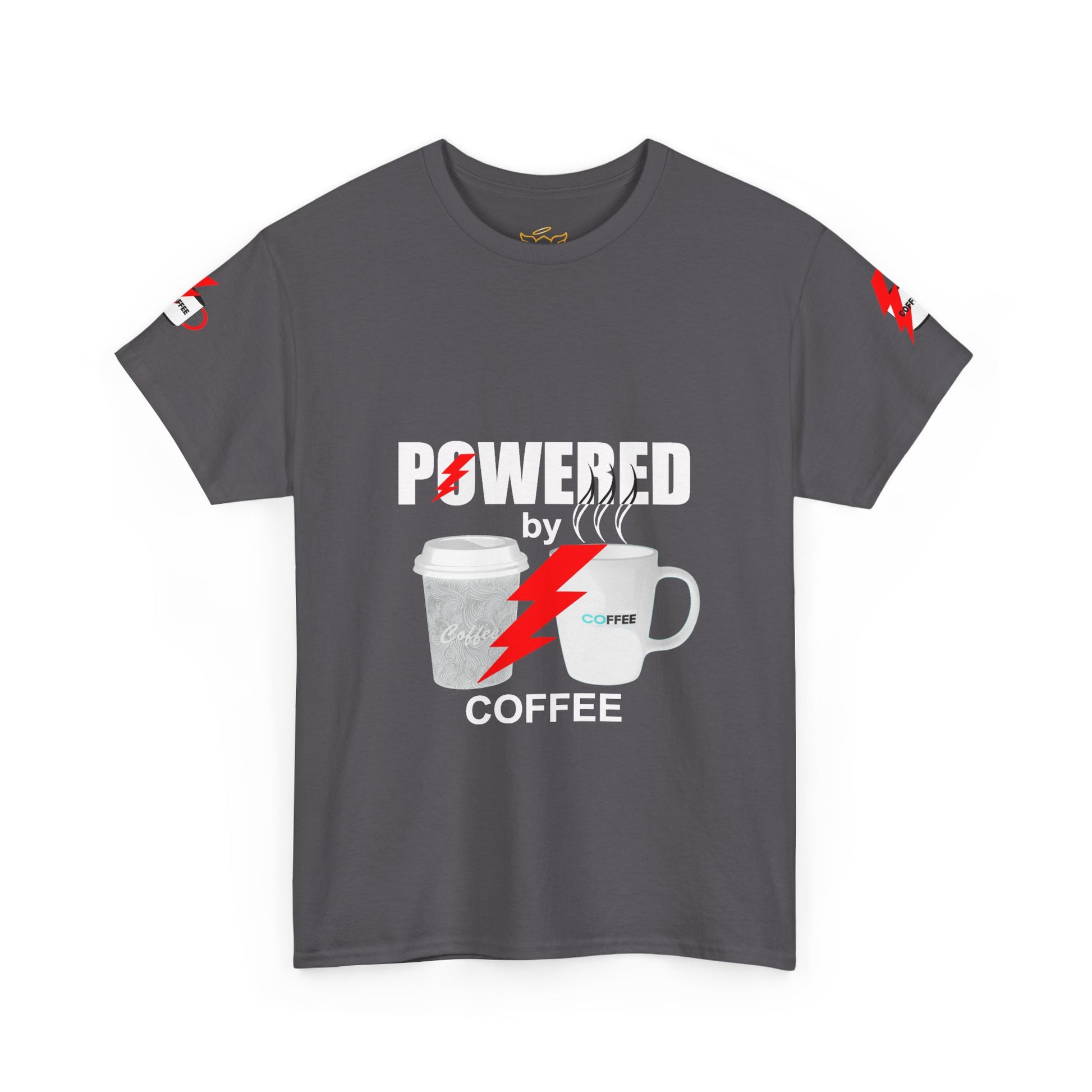 Coffee Lovers Cotton T-shirt - Powered by Coffee. Gray t-shirt with 'Powered by Coffee' graphic design on a white background