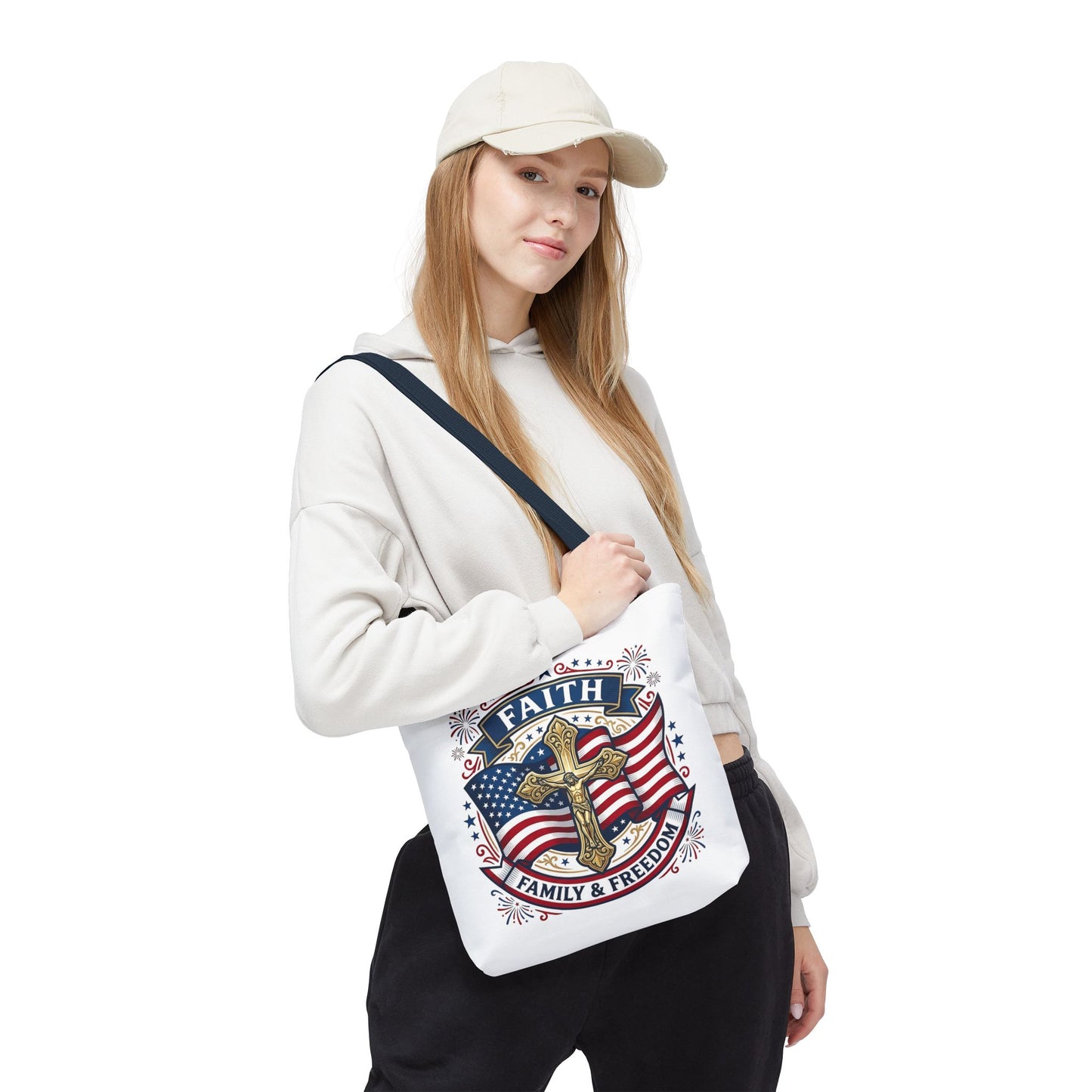 Faith, Family & Freedom Tote Bag — Patriotic Cross American Flag Tote (USA 250th)