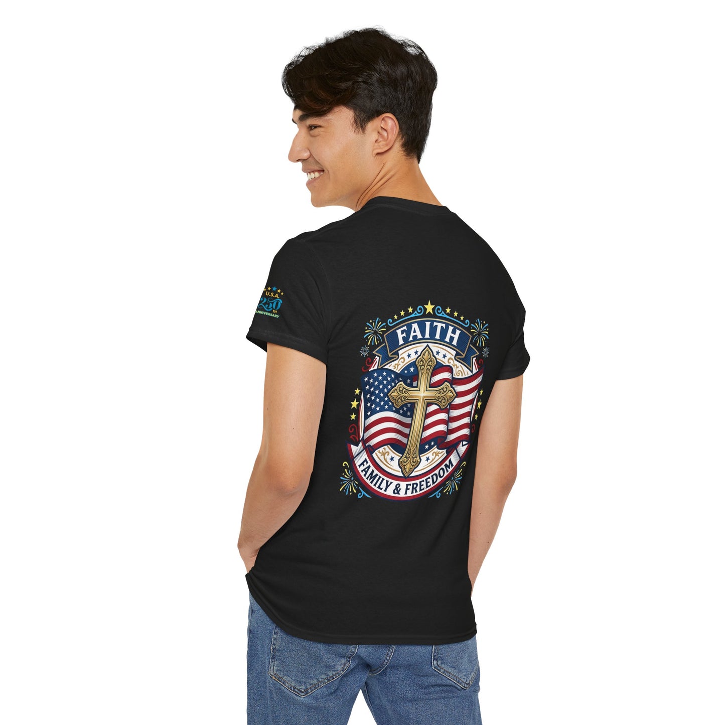 Faith, Family & Freedom T-Shirt — American Flag Cross Patriotic Tee (USA 250th)