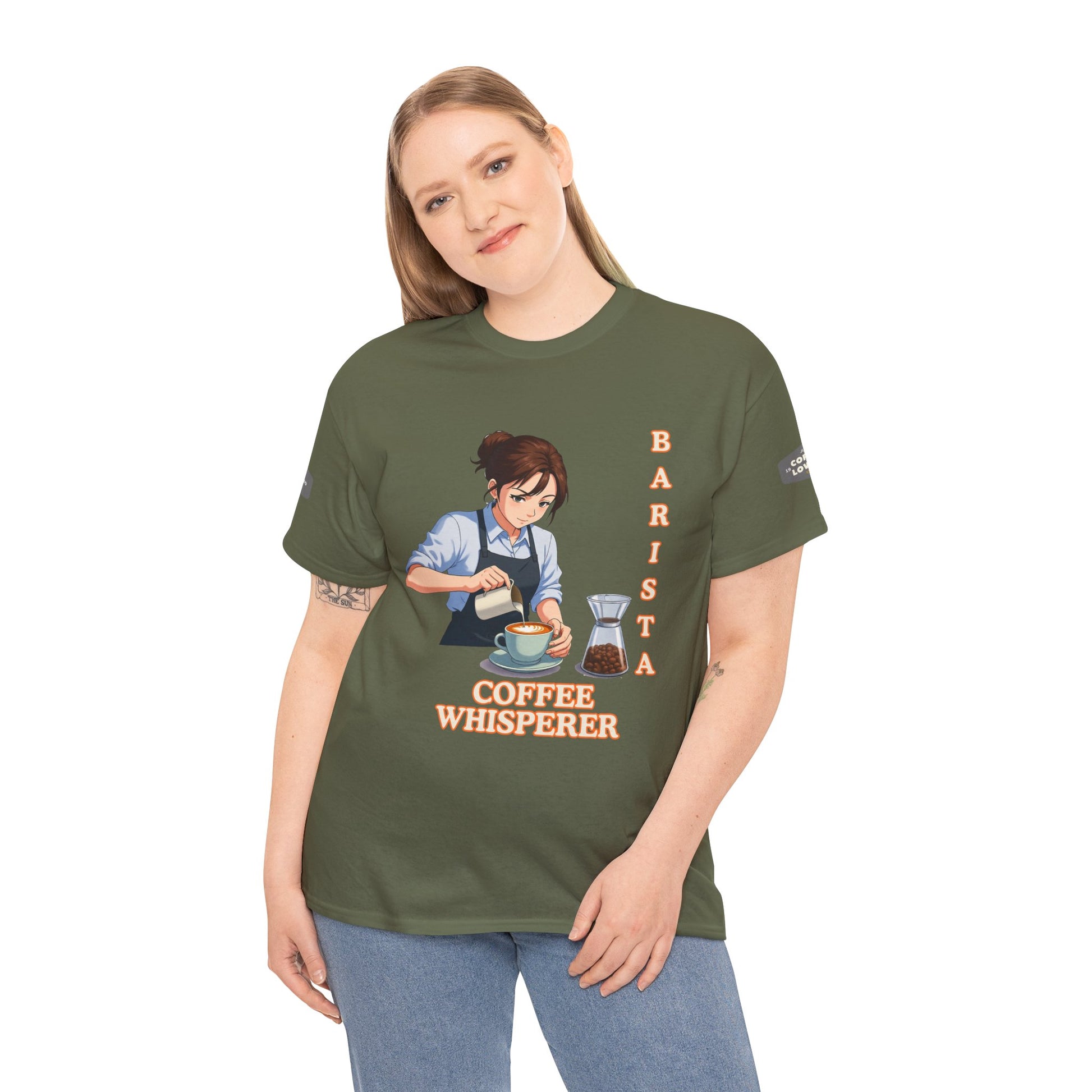 Coffee Lovers Cotton Tee for Female Barista, Person wearing a green t-shirt with a barista graphic and text on a white background