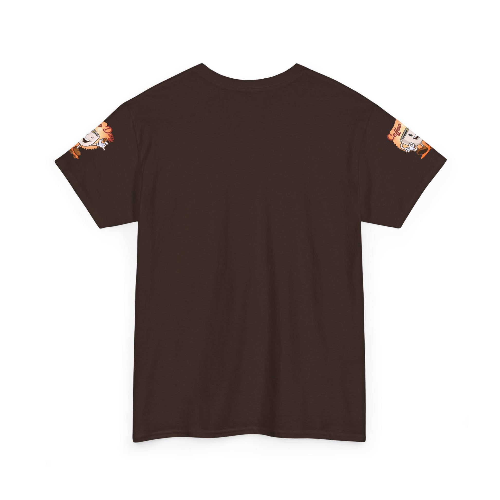 Brown t-shirt with arm designs on a white background
