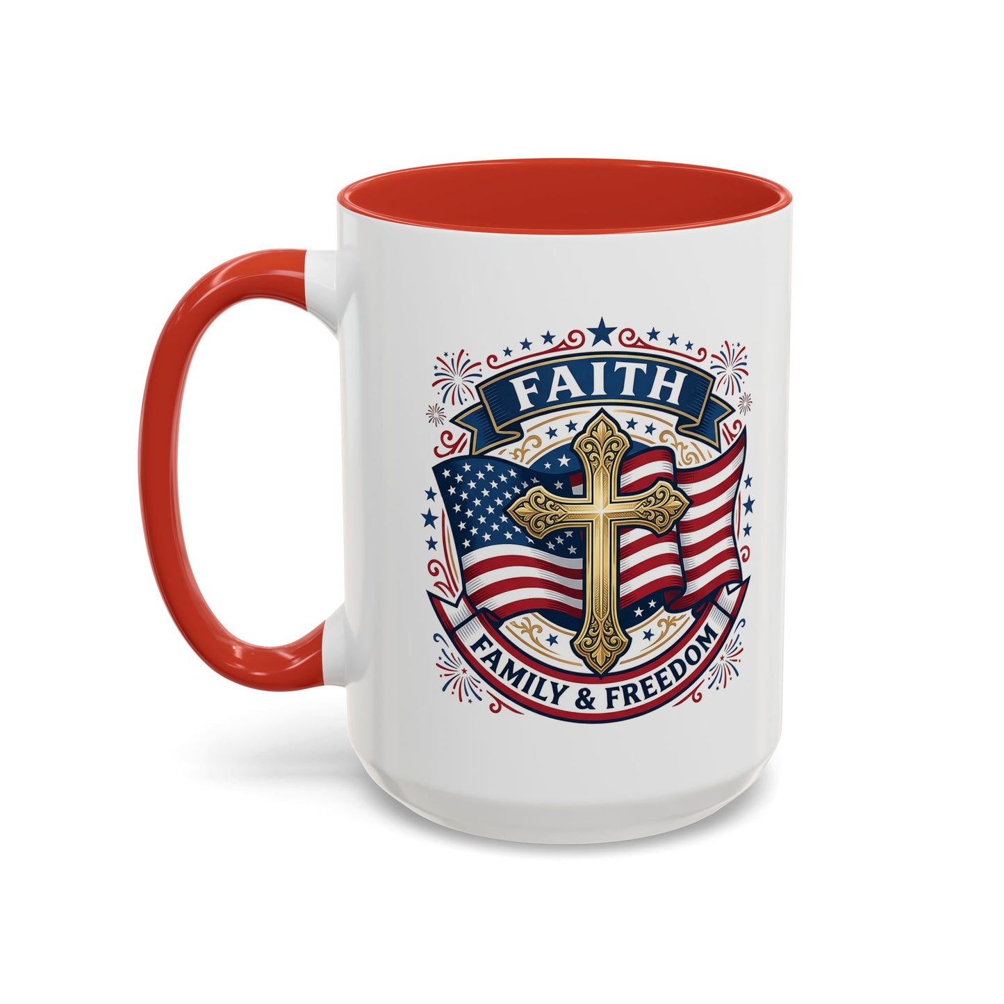 Faith, Family & Freedom Accent Coffee Mug — Patriotic Cross Mug  (USA 250th)