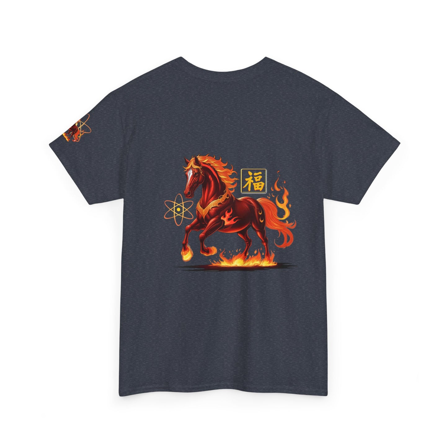 Lunar New Year Fiery Horse Novelty T-Shirt, Black t-shirt with a fiery horse design on a white background