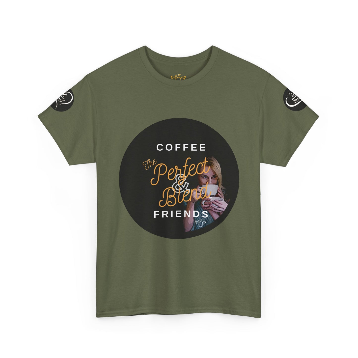Coffee Lovers Ladies Tee - COFFEE and FRIENDS the Perfect Blend, Green t-shirt with graphic design featuring text and a person holding a coffee cup on a white background