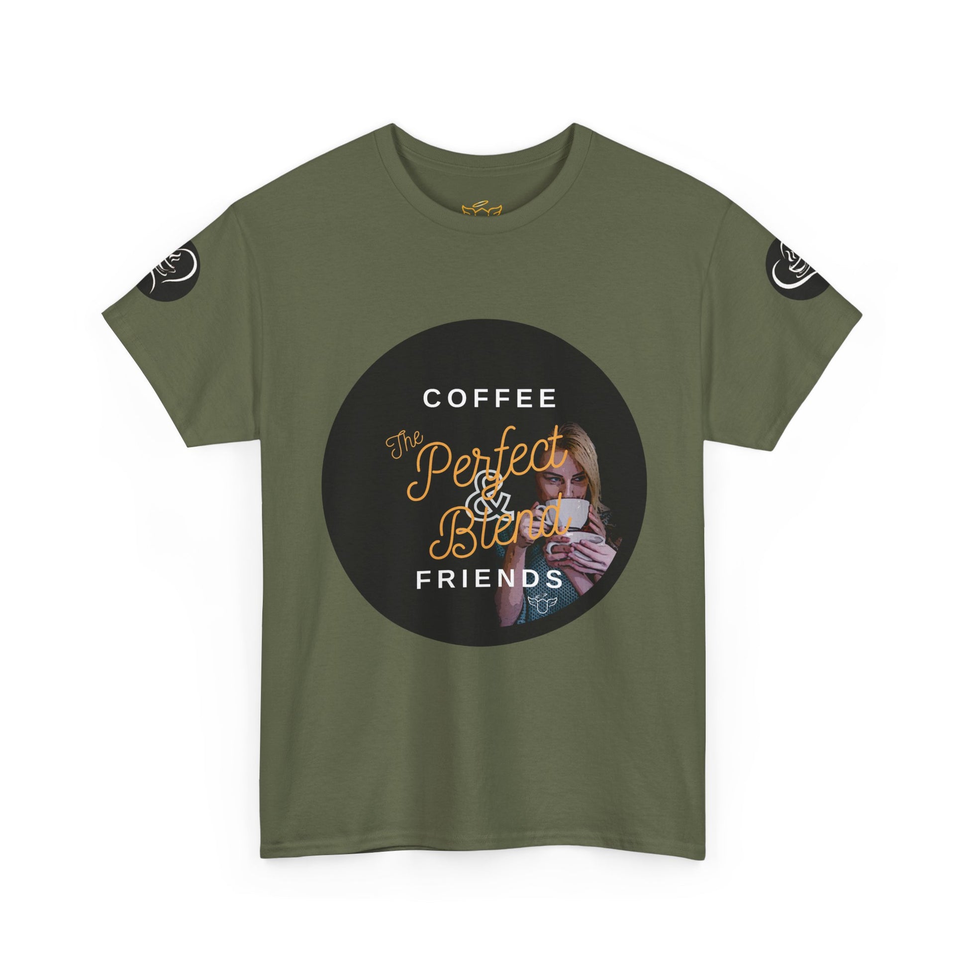 Coffee Lovers Ladies Tee - COFFEE and FRIENDS the Perfect Blend, Green t-shirt with graphic design featuring text and a person holding a coffee cup on a white background