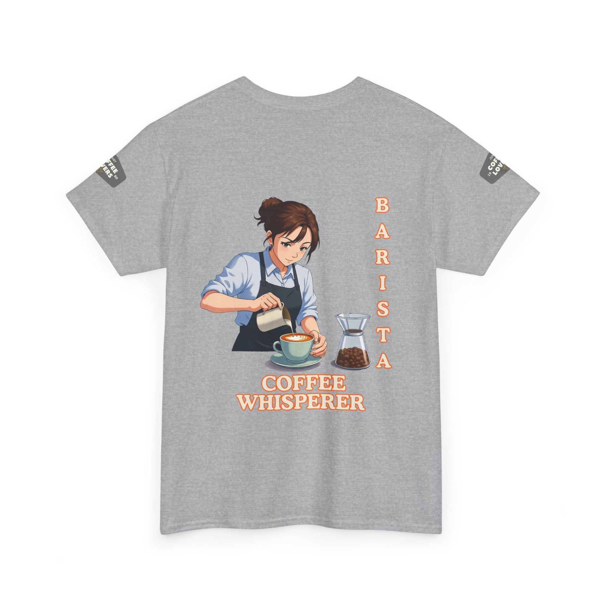 Coffee Lovers Cotton Tee for Female Barista, Gray t-shirt with a graphic of a barista and text on the back