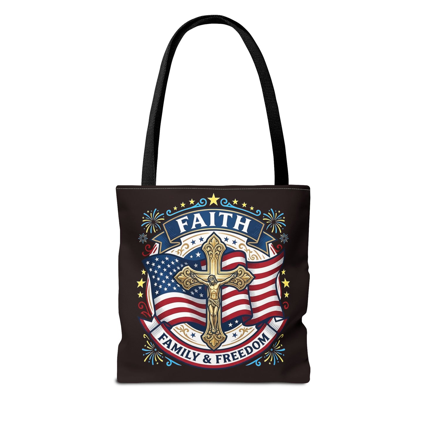 Faith, Family & Freedom Cross Bag — Patriotic American Flag Canvas Tote (USA 250th)