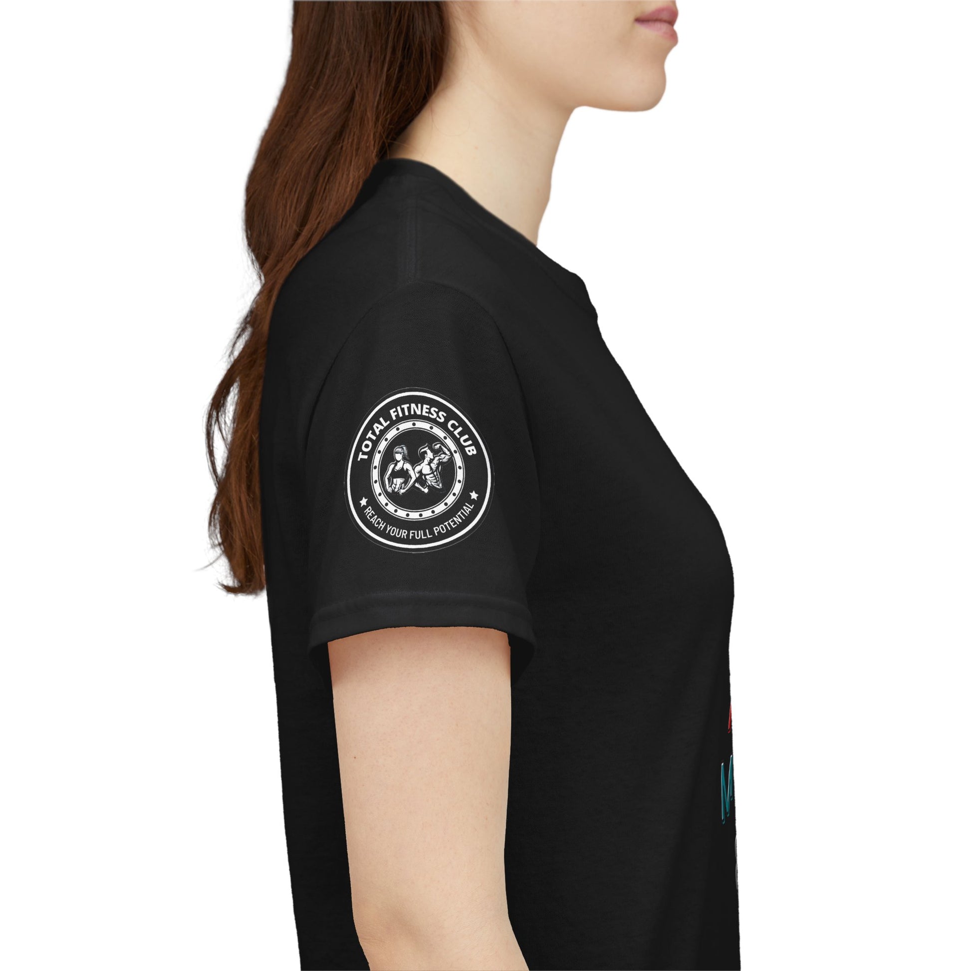 Fitness Quotes Gym Heavy Cotton Tee - Exercise enhances My Body T-shirt. Person wearing a black t-shirt with a logo on the sleeve against a white background