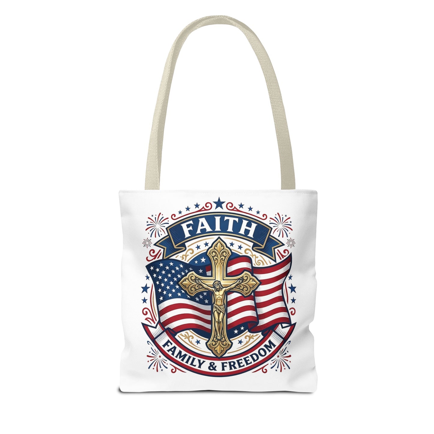 Faith, Family & Freedom Tote Bag — Patriotic Cross American Flag Tote (USA 250th)