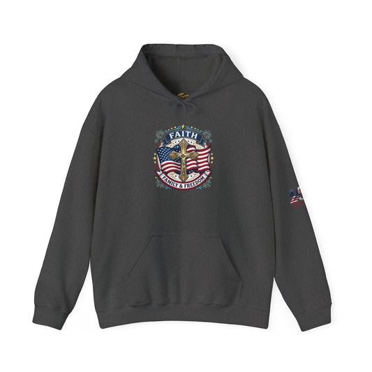 Catholic Faith, Family & Freedom Hoodie — American Flag Cross Patriotic Pullover (USA 250th) - Trending Novelties & Gifts