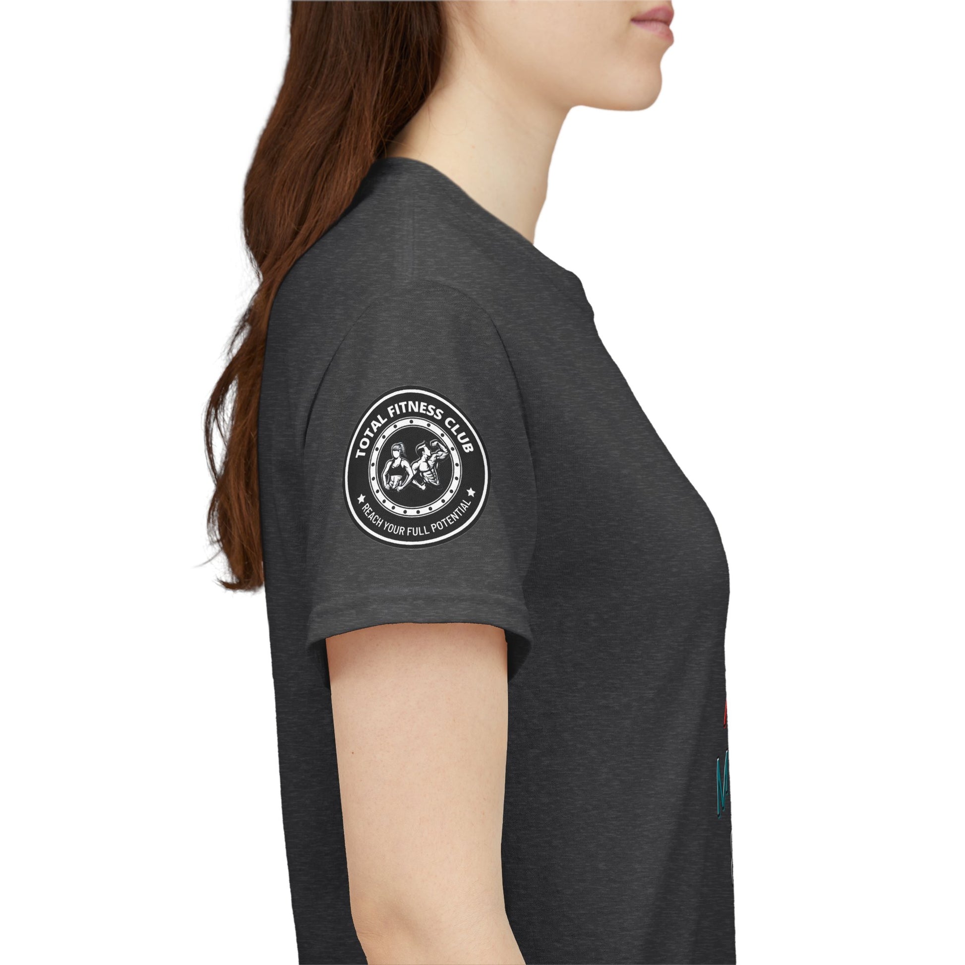 Total Fitness Club T-shirt, Person wearing a dark gray t-shirt with a logo on the sleeve against a white background