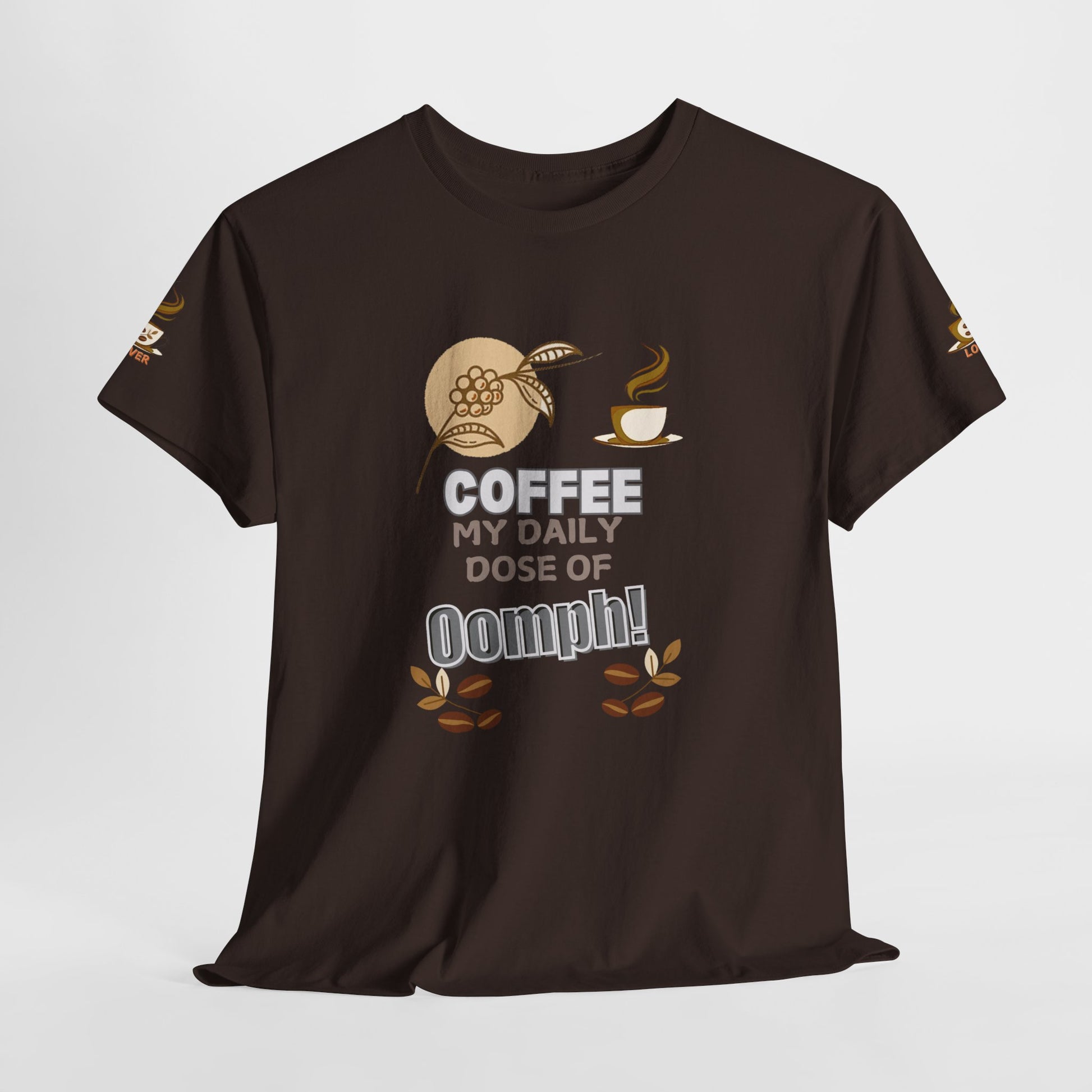 Coffee Lovers Heavy Cotton Tee - My Daily Dose of Oomph! Brown t-shirt with coffee-themed graphic and text on a white background