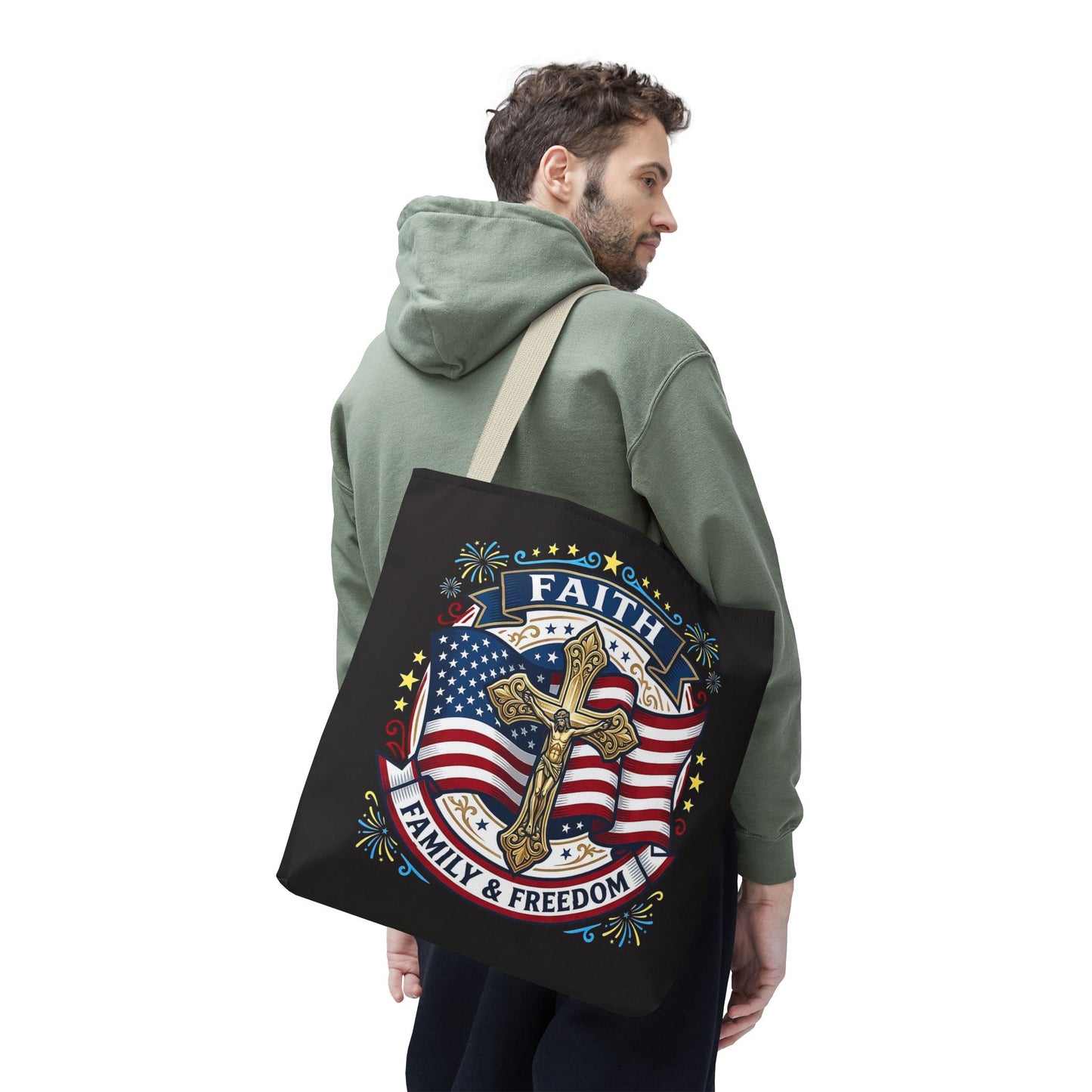 Faith, Family & Freedom Cross Bag — Patriotic American Flag Canvas Tote (USA 250th)