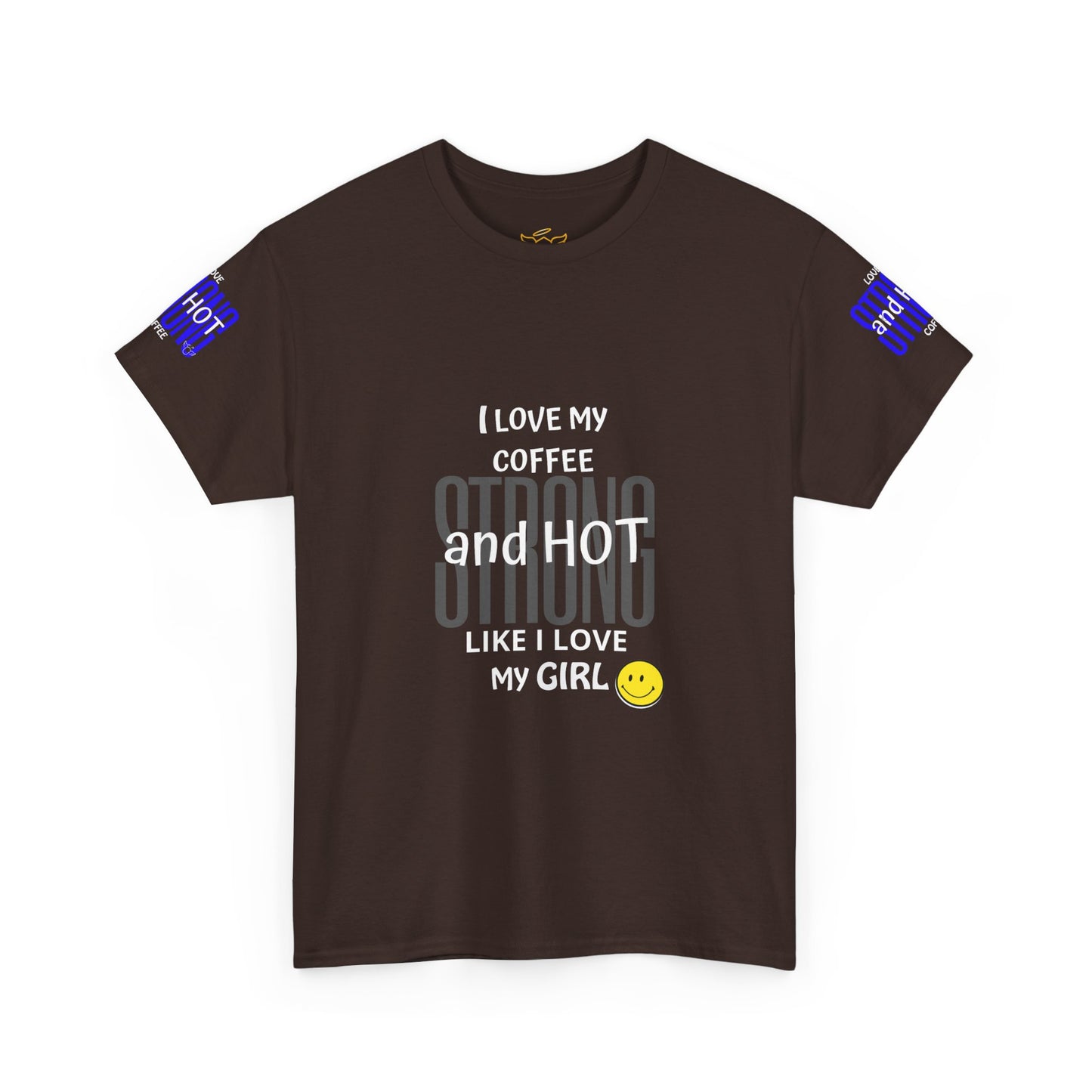 Coffee Lover Heavy Cotton Tee - I Love My Coffee Strong and Hot, Brown t-shirt with text and graphics on a white background