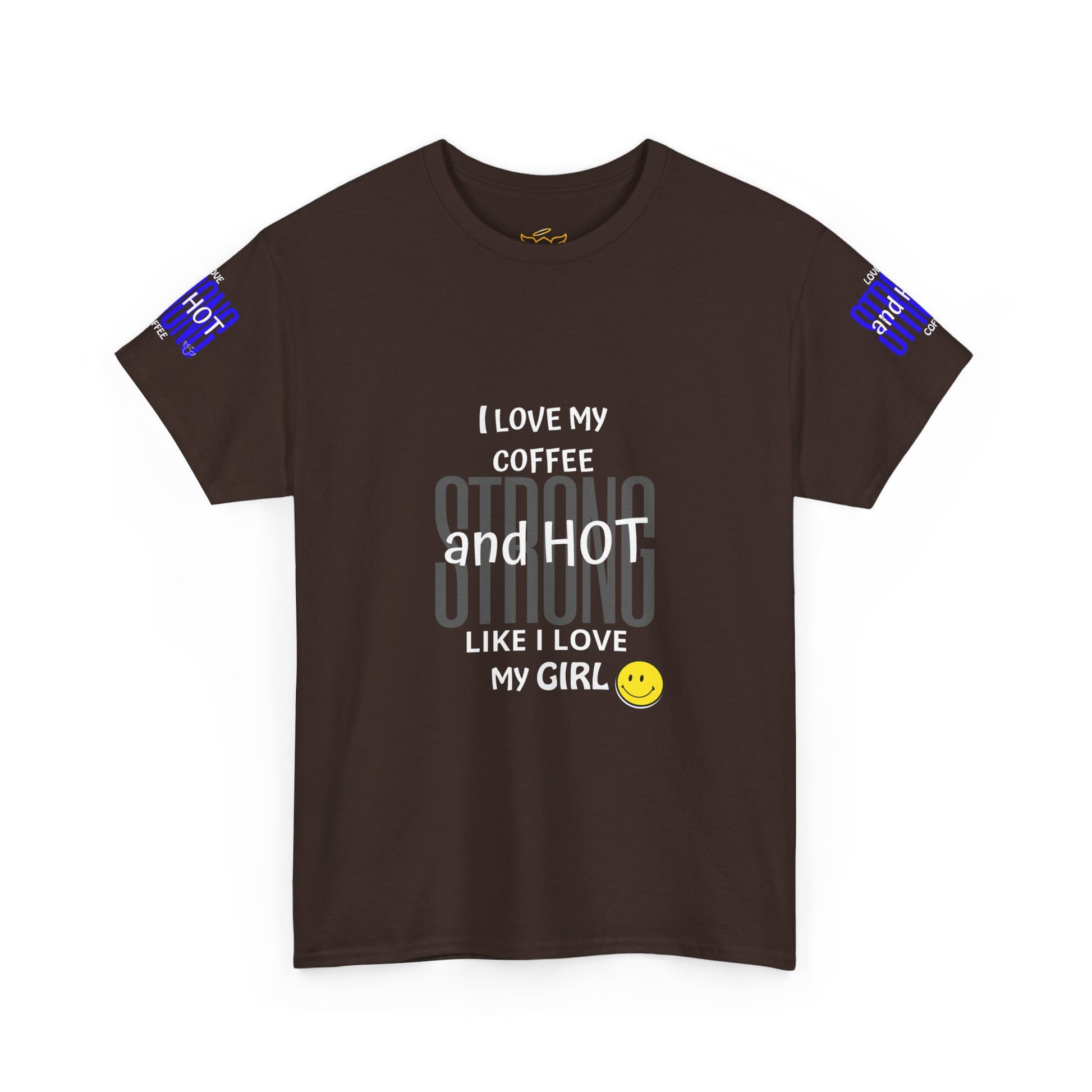 Coffee Lover Heavy Cotton Tee - I Love My Coffee Strong and Hot, Brown t-shirt with text and graphics on a white background