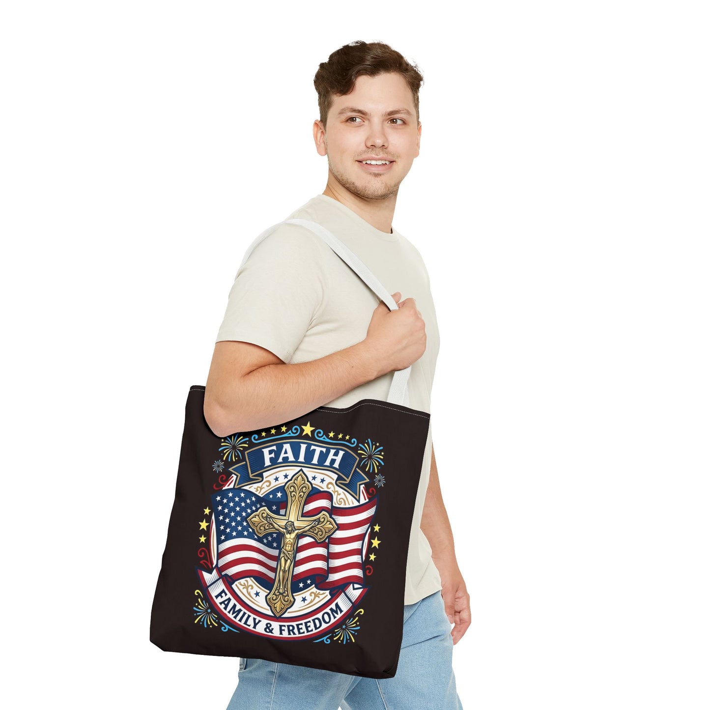 Faith, Family & Freedom Cross Bag — Patriotic American Flag Canvas Tote (USA 250th)