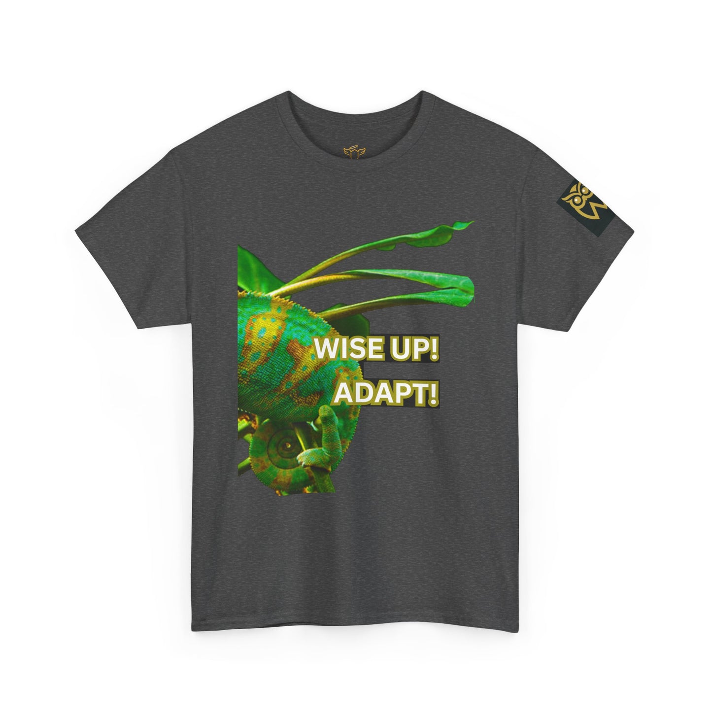 Wise Up Adapt! Motivational T-shirt — 'Wise Up! Stay Sharp!' Graphic Novelty Tee, Gray t-shirt with a chameleon graphic and 'WISE UP! ADAPT!' text on a white background