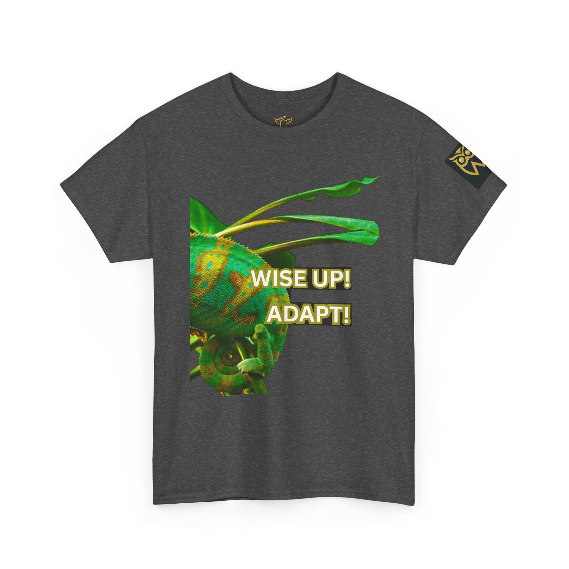 Wise Up Adapt! Motivational T-shirt — 'Wise Up! Stay Sharp!' Graphic Novelty Tee, Gray t-shirt with a chameleon graphic and 'WISE UP! ADAPT!' text on a white background