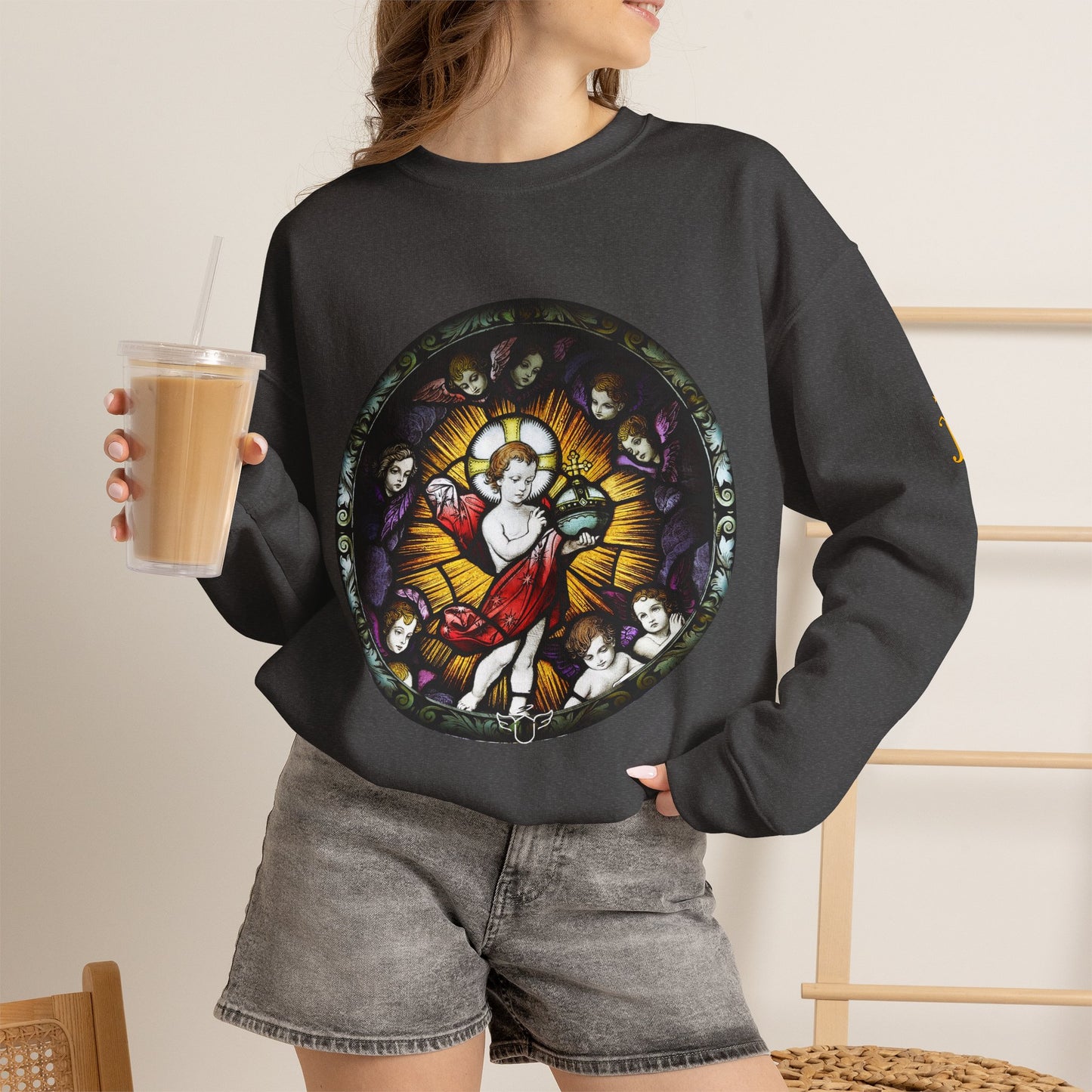Catholic Stained Glass Designed Baby Jesus  Sweatshirt (CT)