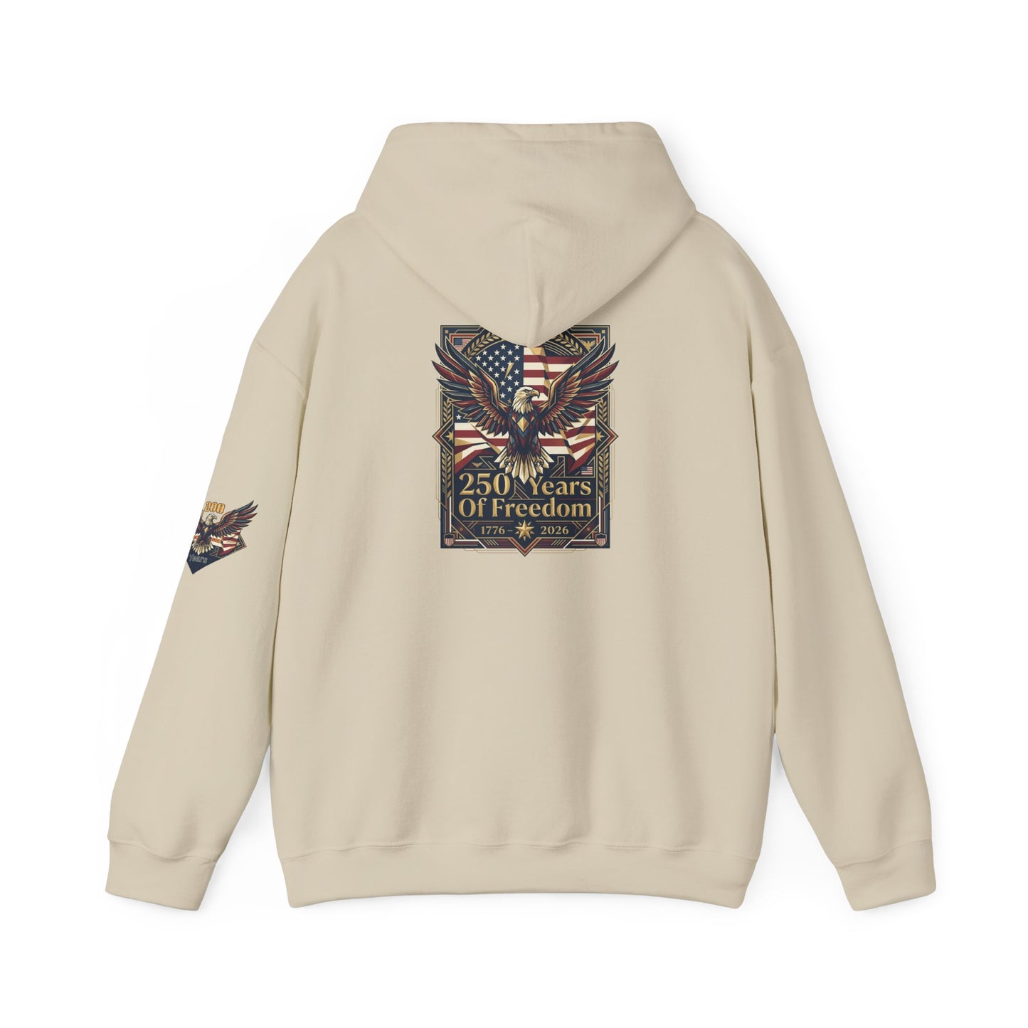 America 250 Years of Freedom Hoodie — USA 250th ANNIVERSARY Patriotic Hoodie, Beige hoodie with eagle and flag design on the back, on a white background