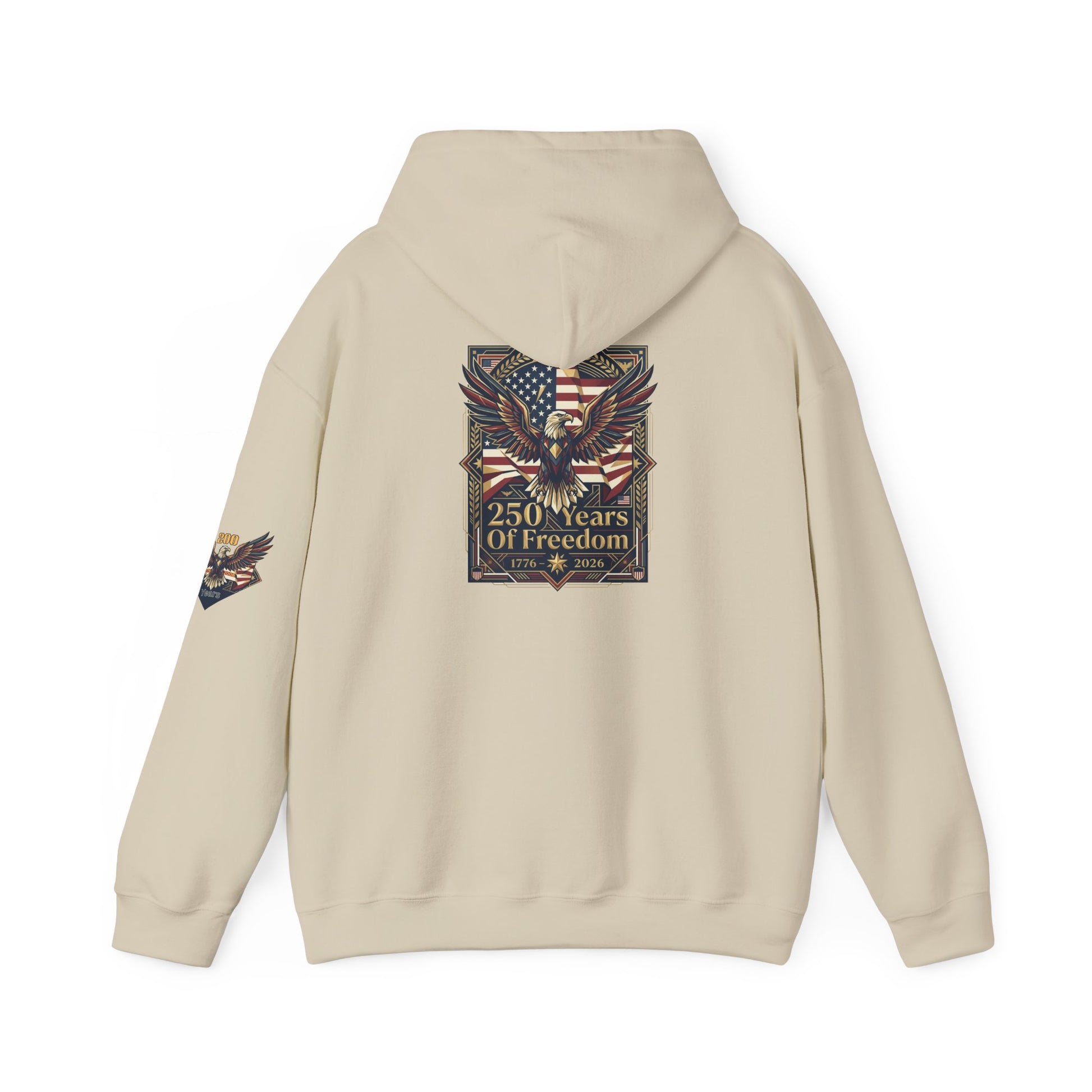 America 250 Years of Freedom Hoodie — USA 250th ANNIVERSARY Patriotic Hoodie, Beige hoodie with eagle and flag design on the back, on a white background