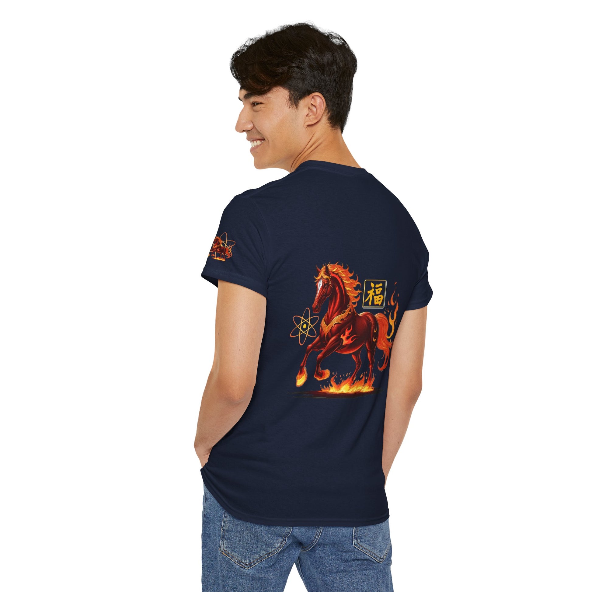 Lunar New Year Fiery Horse Novelty T-Shirt, Person wearing a navy blue t-shirt with a fiery horse design on the back, standing against a white background.