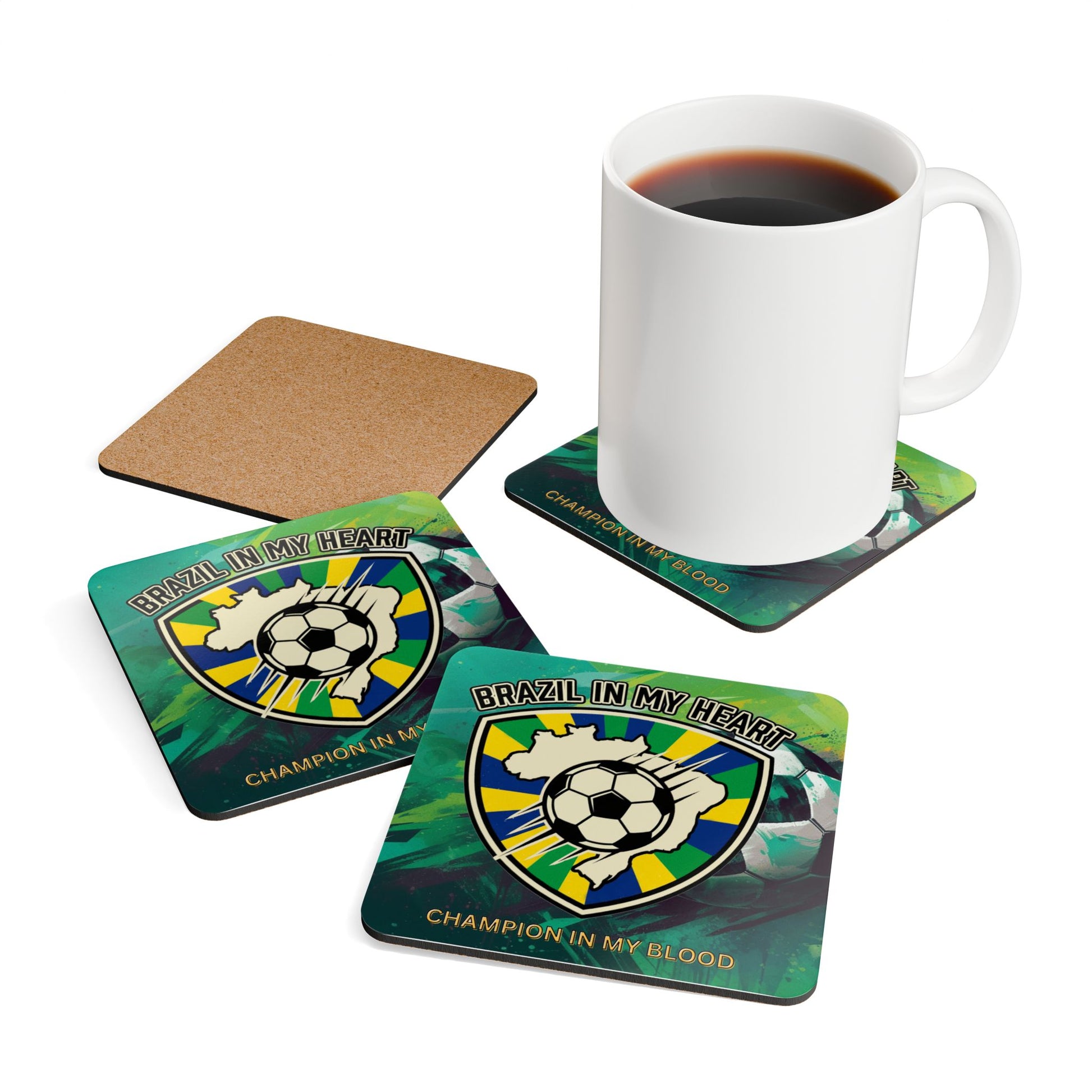 Brazil Soccer Cork Coaster Set — "Brazil in My Heart" Drink Coasters (4-Pack) - Trending Novelties & Gifts
