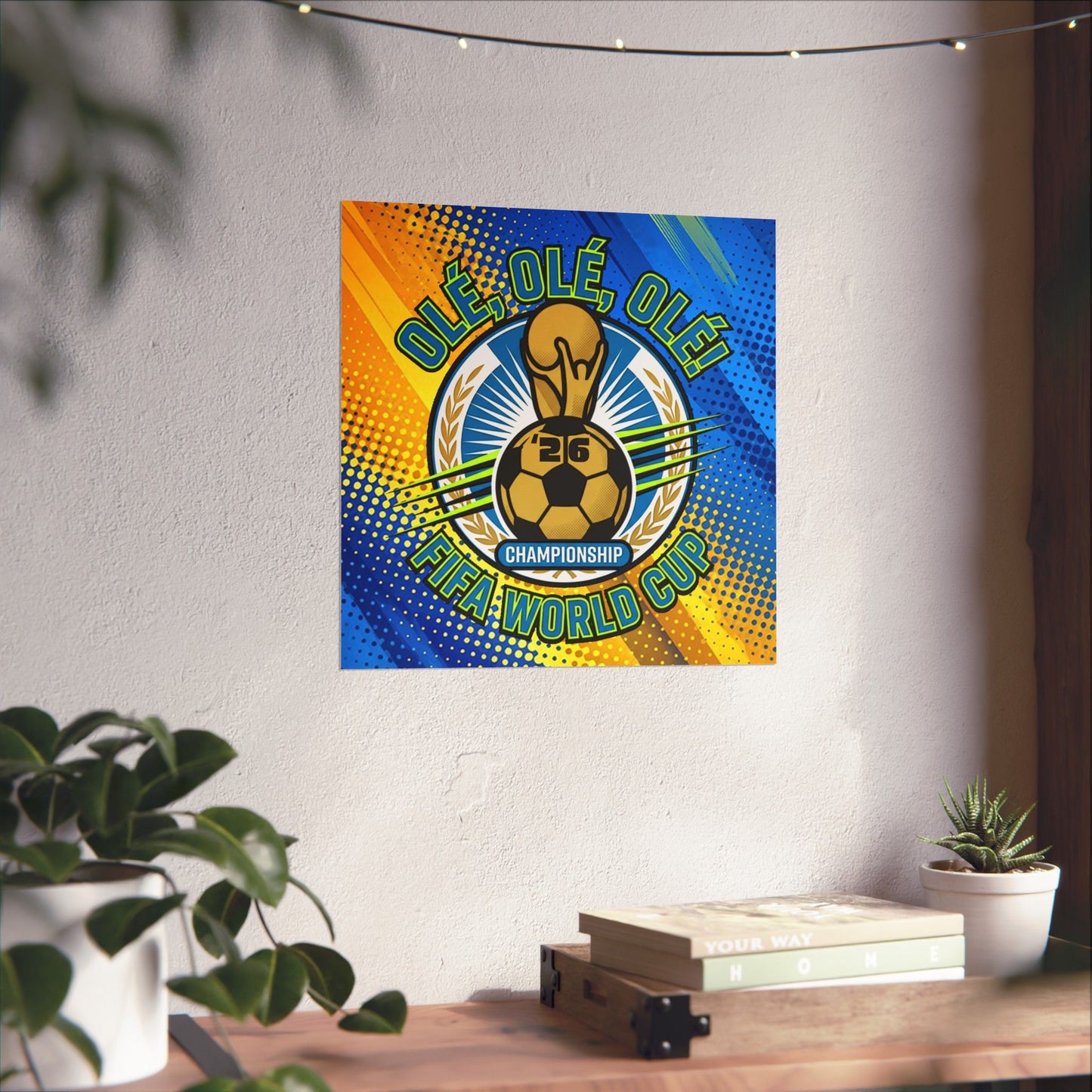 Colorful World Cup poster on a wall with plants and books below
