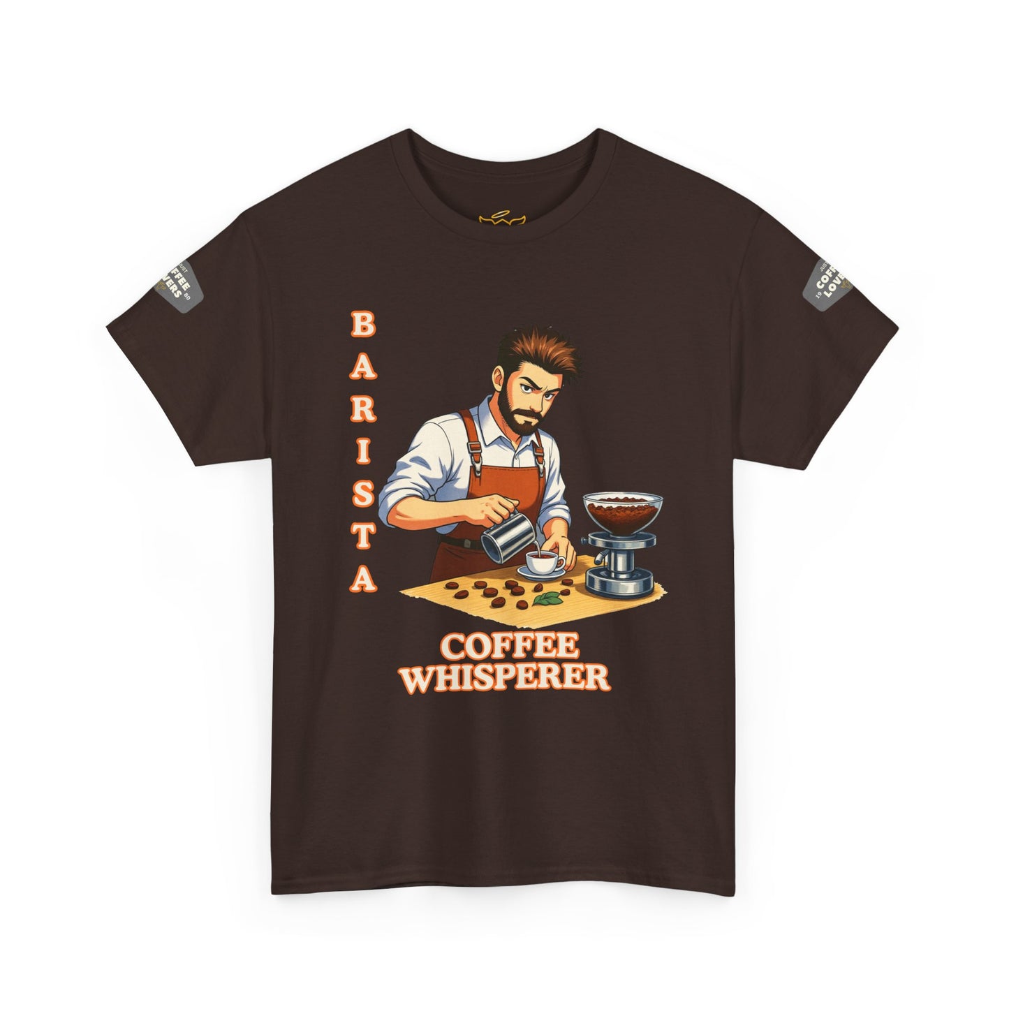Coffee Lovers Cotton Tee for Male Barista,  Brown t-shirt with a graphic of a barista and text 'Barista Coffee Whisperer' on a white background