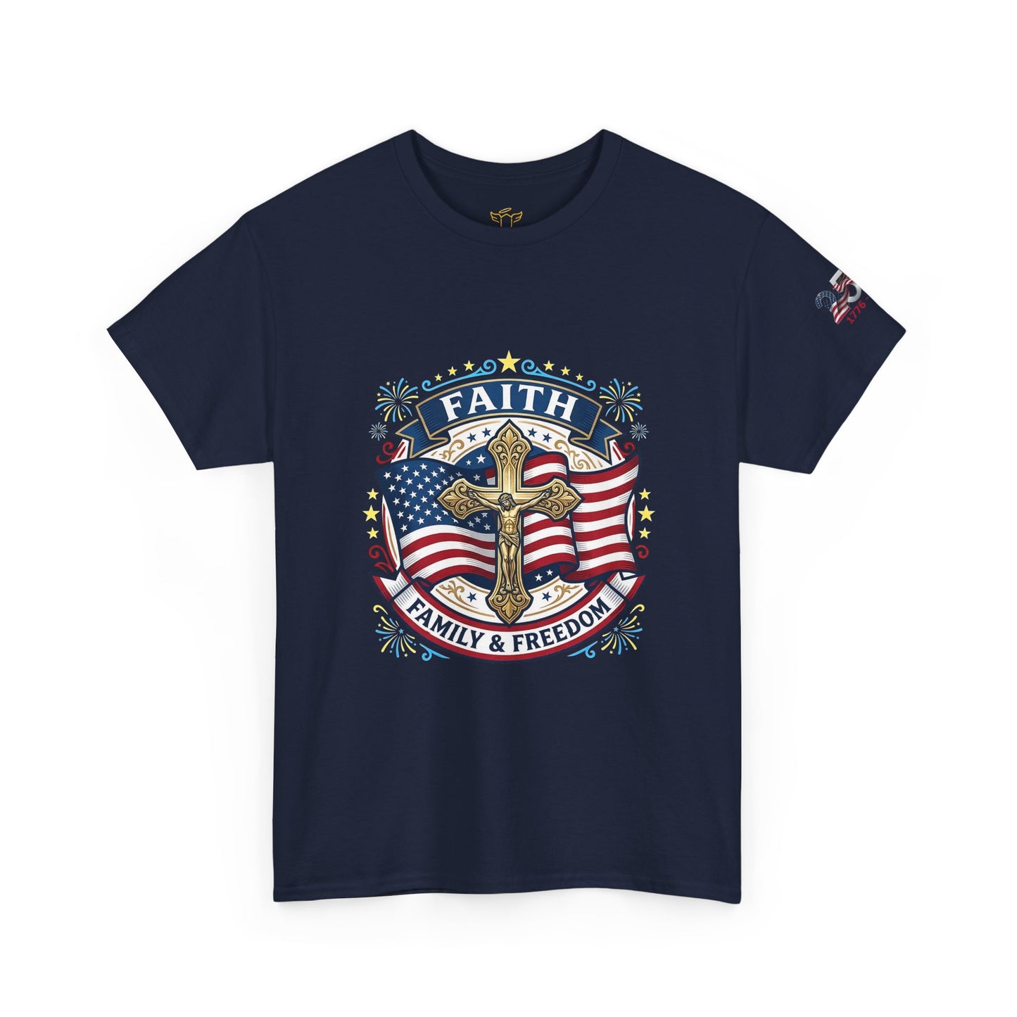 Catholic Faith Family & Freedom T-Shirt — American Flag Cross Patriotic T-shirt (USA 250th)