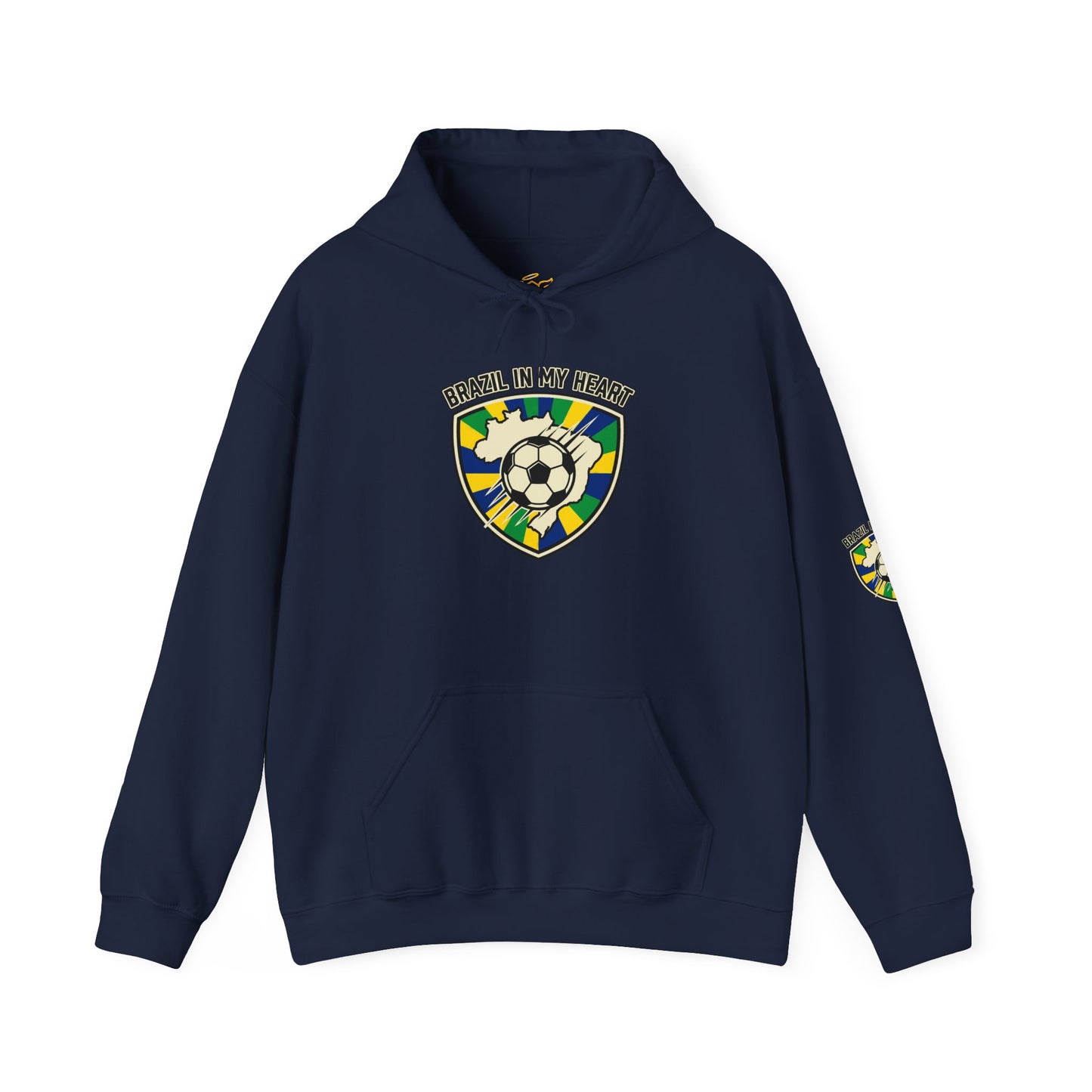 Navy blue hoodie with a soccer-themed emblem on a white background | Brazil Pride Shield Soccer Hoodie | Brazil retro soccer hoodie