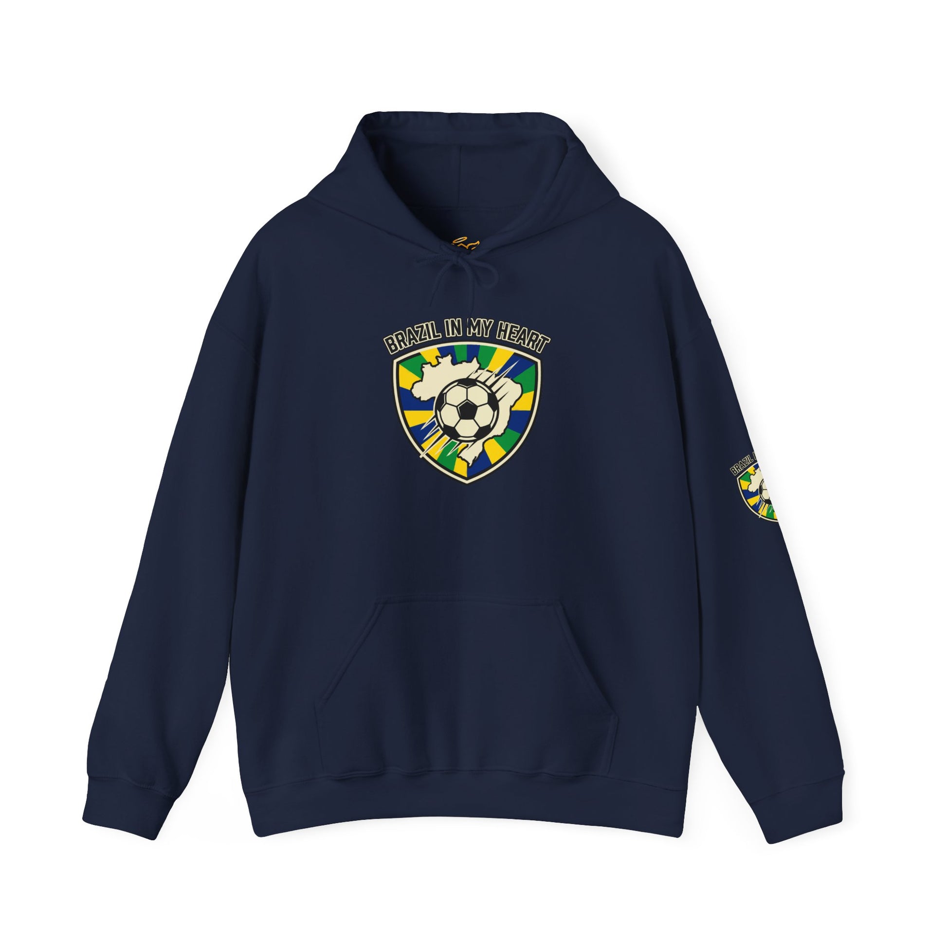 Navy blue hoodie with a soccer-themed emblem on a white background | Brazil Pride Shield Soccer Hoodie | Brazil retro soccer hoodie