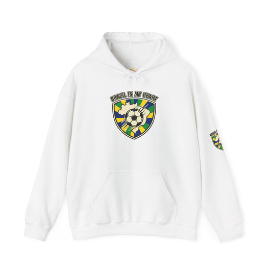 White hoodie with a colorful logo on a white background| Brazil Pride Shield Soccer Hoodie | Brazil retro soccer hoodie