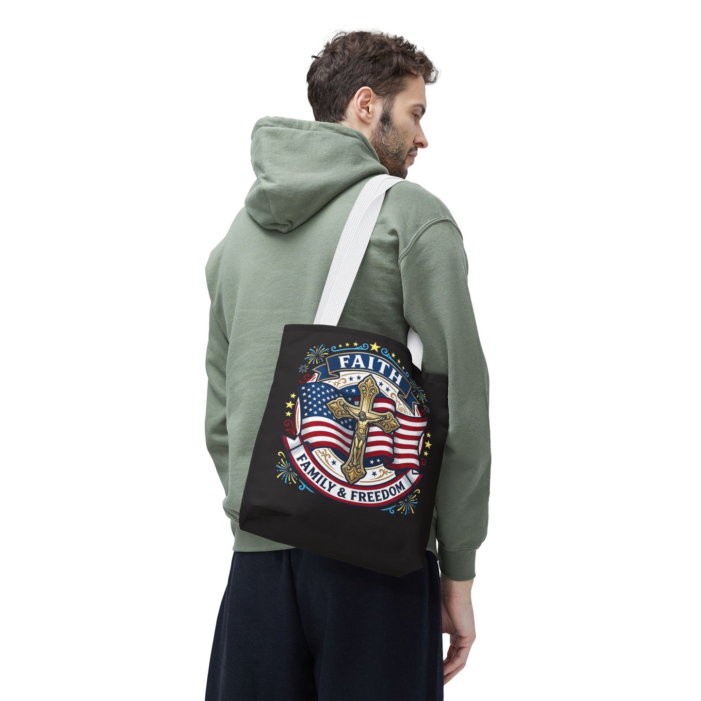 Faith, Family & Freedom Cross Bag — Patriotic American Flag Canvas Tote (USA 250th)