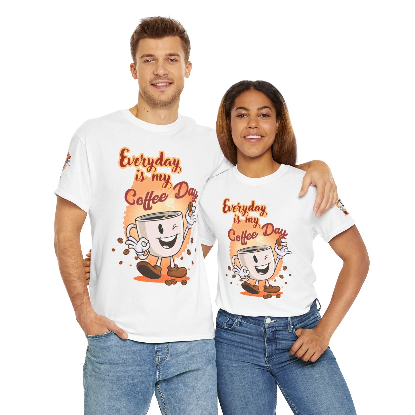 Two people wearing matching white t-shirts with a coffee-themed design on a white background