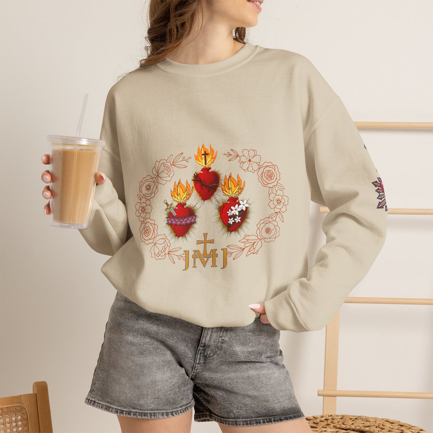 Sacred Hearts Crewneck Sweatshirt — Three Flaming Hearts with JMJ Cross (CT)