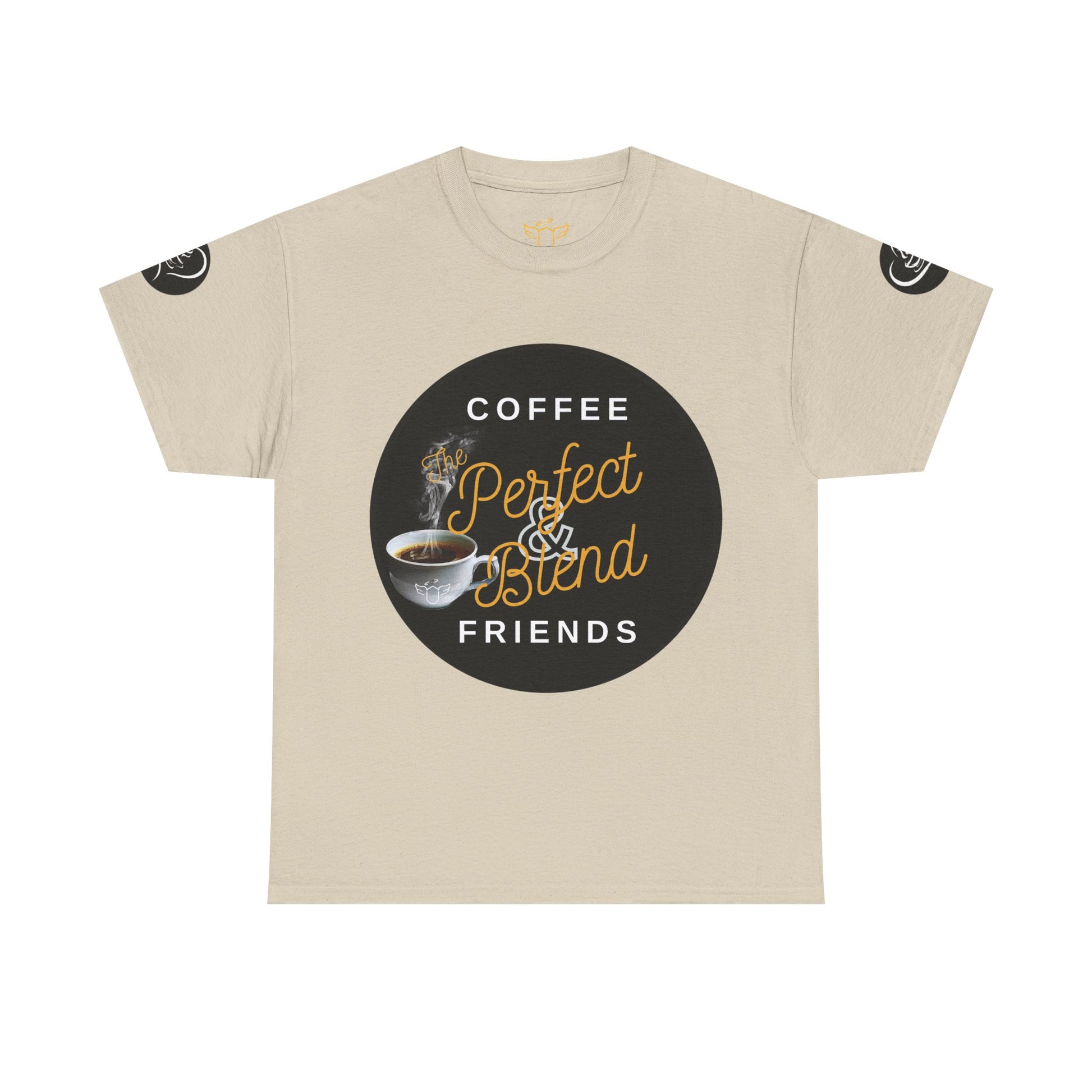 Coffee Lovers Cotton T-shirt, Beige t-shirt with a coffee-themed graphic and text on a white background