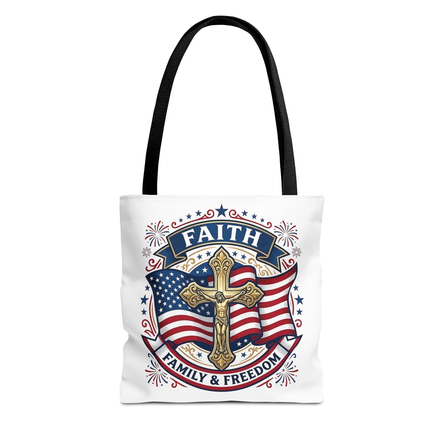Faith, Family & Freedom Tote Bag — Patriotic Cross American Flag Tote (USA 250th)