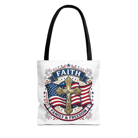 Faith, Family & Freedom Tote Bag — Patriotic Cross American Flag Tote (USA 250th)
