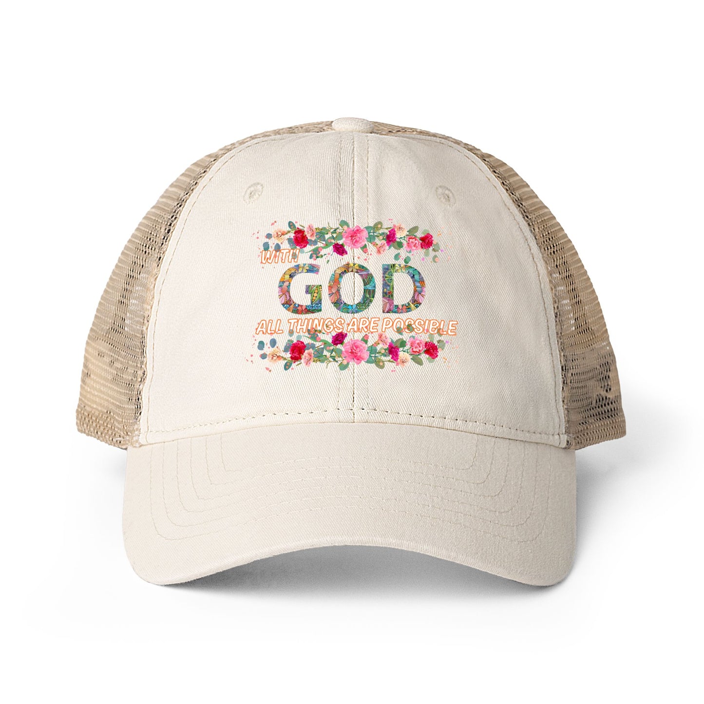 Beige Cap with Christian floral text design on a front of cap