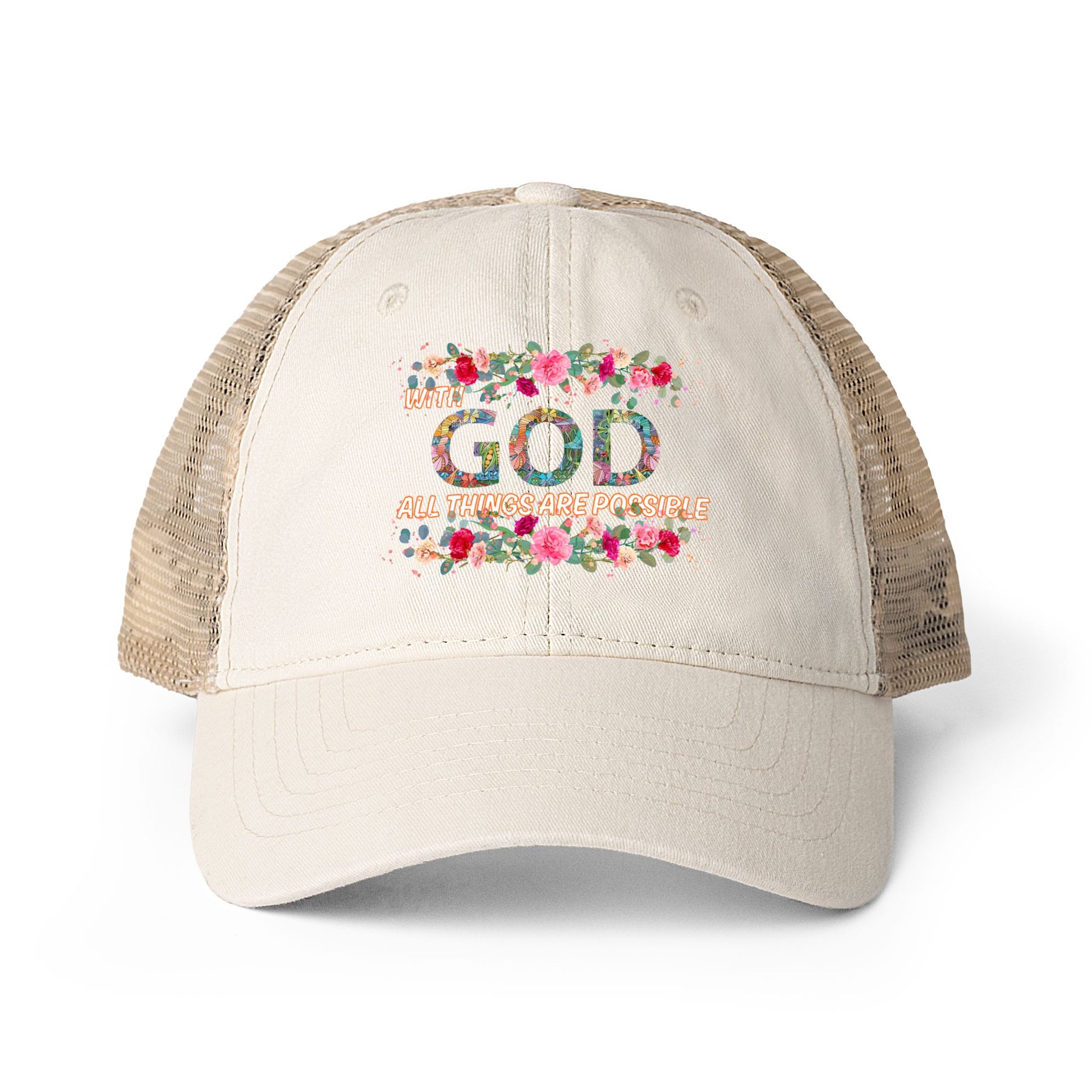 Beige Cap with Christian floral text design on a front of cap