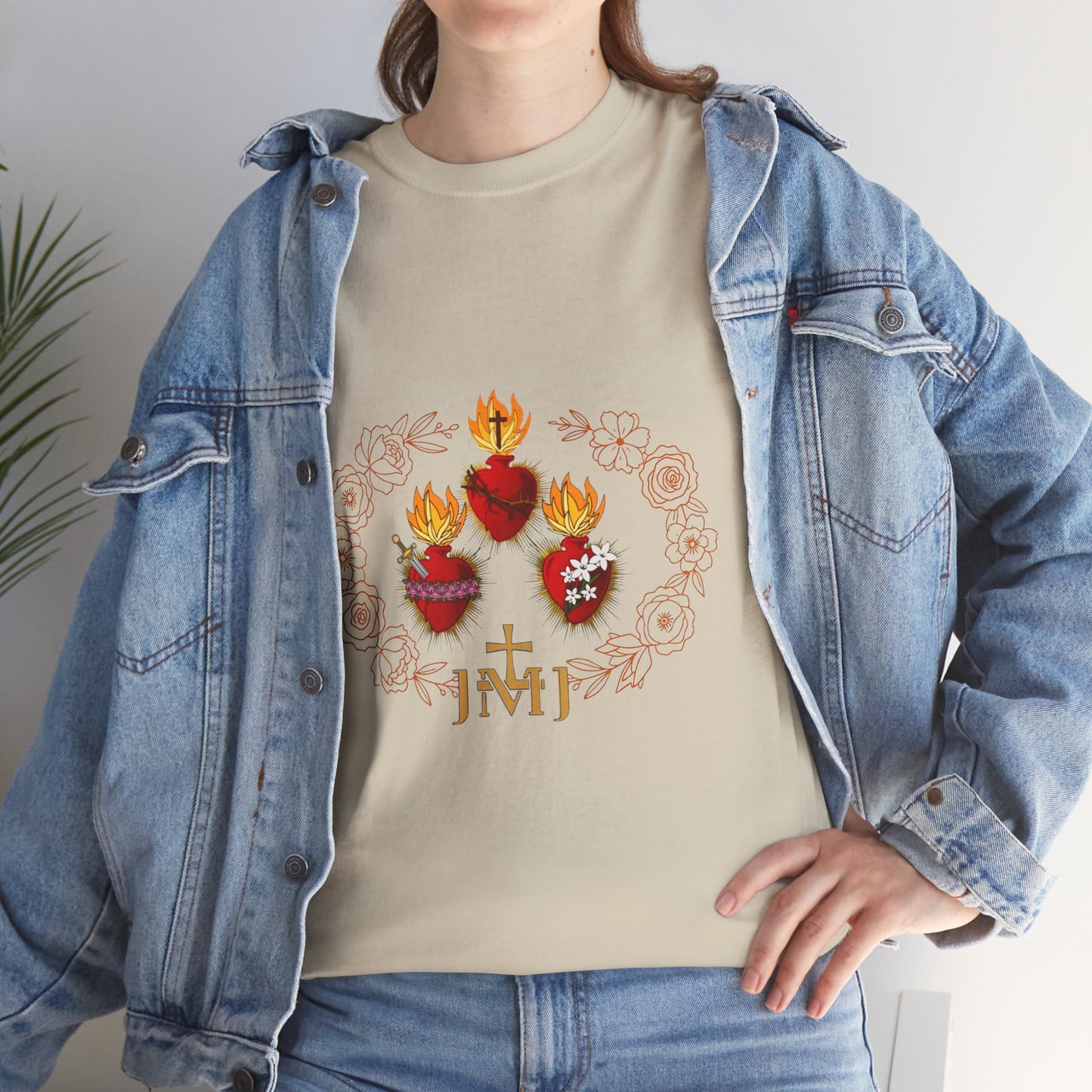 Sacred Hearts Tee — Three Flaming Hearts with JMJ Cross (CT)