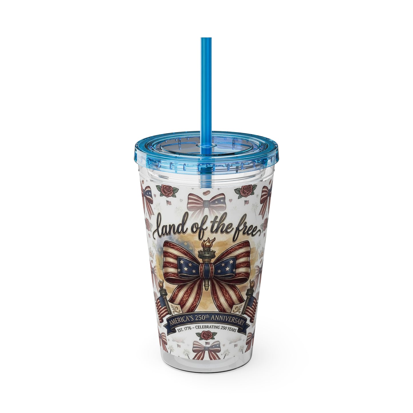 USA 250th ANNIVERSARY 16oz Tumbler with Straw | Patriotic 'Land of the Free' 16oz Tumbler with Straw - Trending Novelties & Gifts
