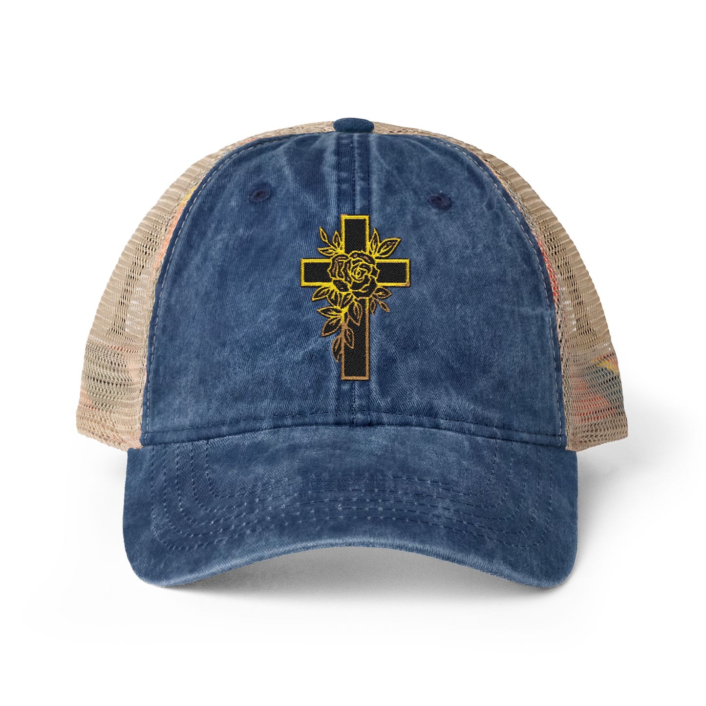 Blue trucker cap with a yellow cross and rose design on front of cap
