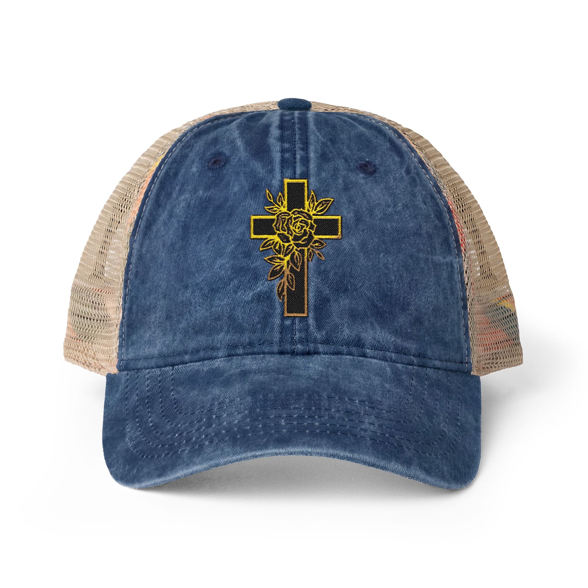 Blue trucker cap with a yellow cross and rose design on front of cap