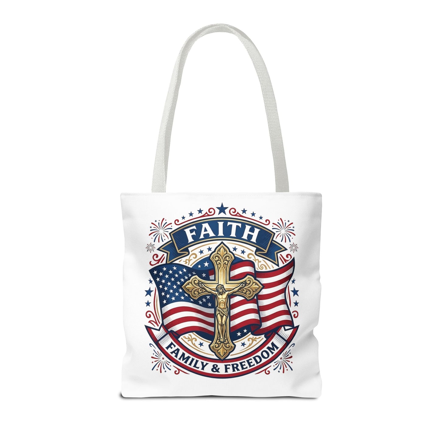 Faith, Family & Freedom Tote Bag — Patriotic Cross American Flag Tote (USA 250th)