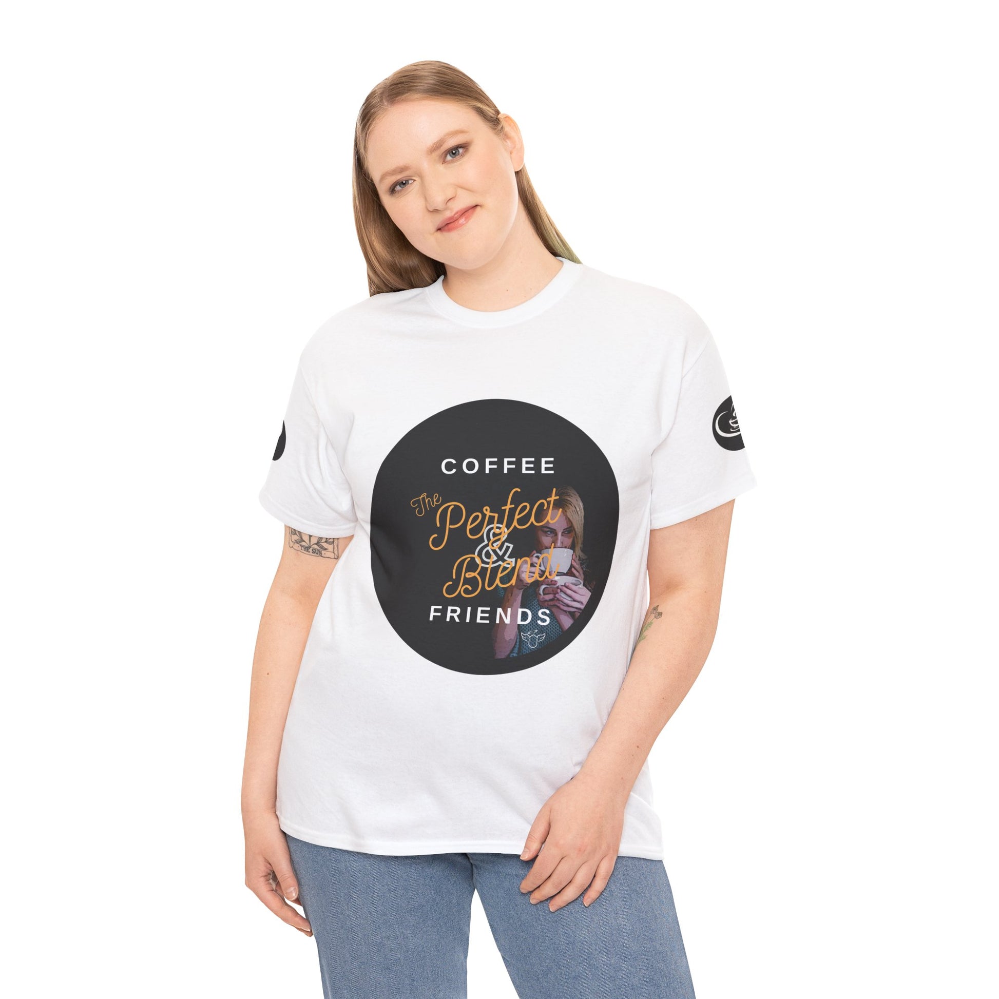 Coffee Lovers Ladies Tee - COFFEE and FRIENDS the Perfect Blend, Woman wearing a white t-shirt with a graphic design on a white background