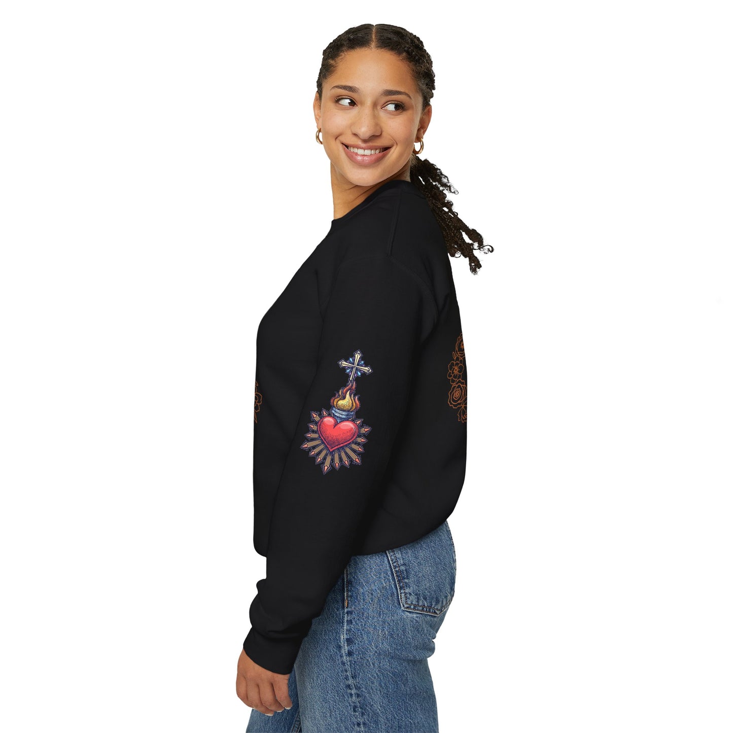 Sacred Hearts Crewneck Sweatshirt — Three Flaming Hearts with JMJ Cross (CT)