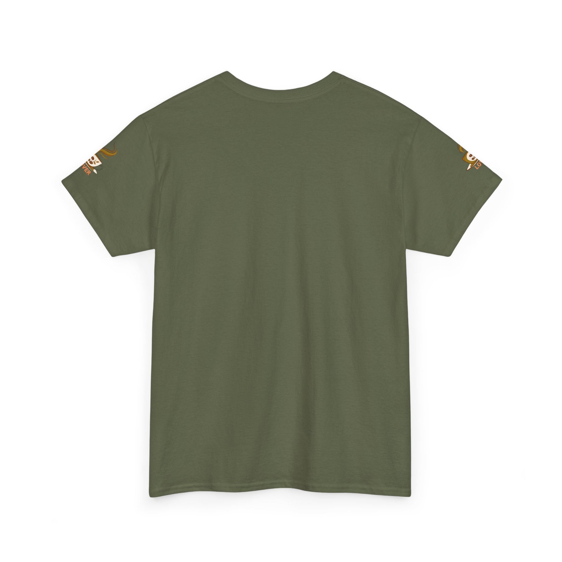 Green t-shirt with small logos on sleeves against a white background